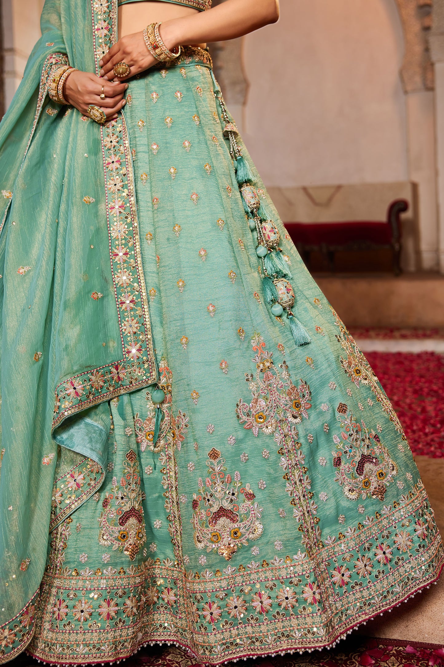 Lime green colour Tissue Sequins embroidery Lehenga choli & Dupatta