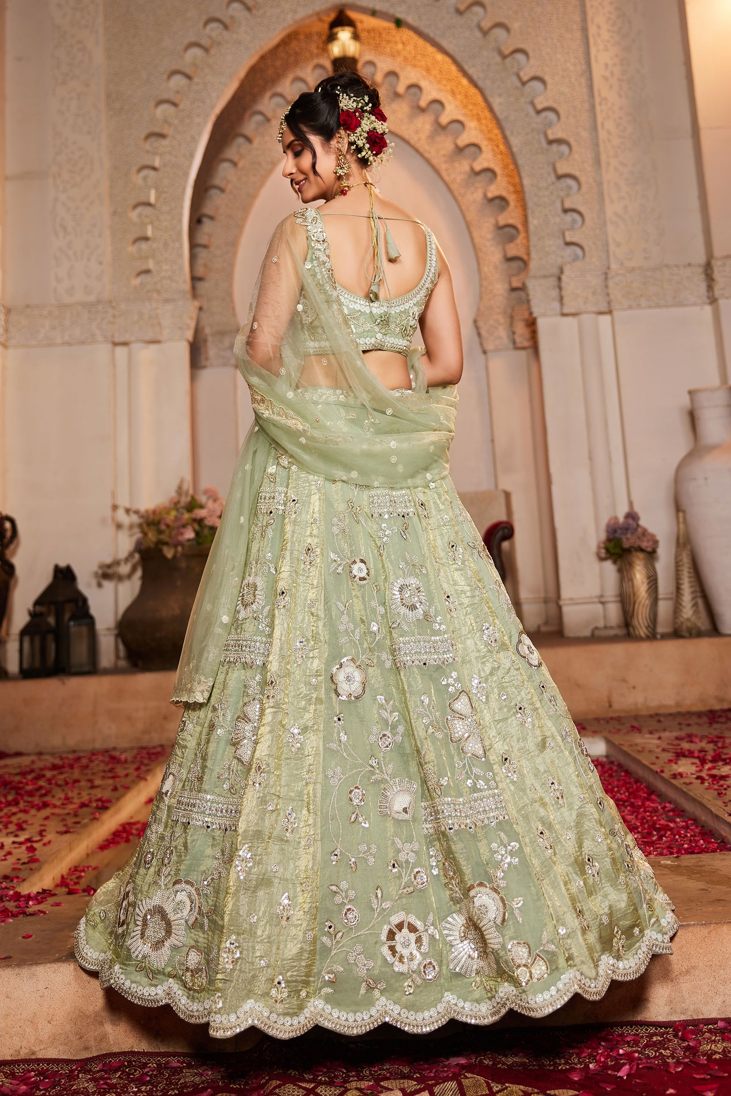 Lime Green Tissue Fabric Sequins embroidery Lehenga choli & Dupatta