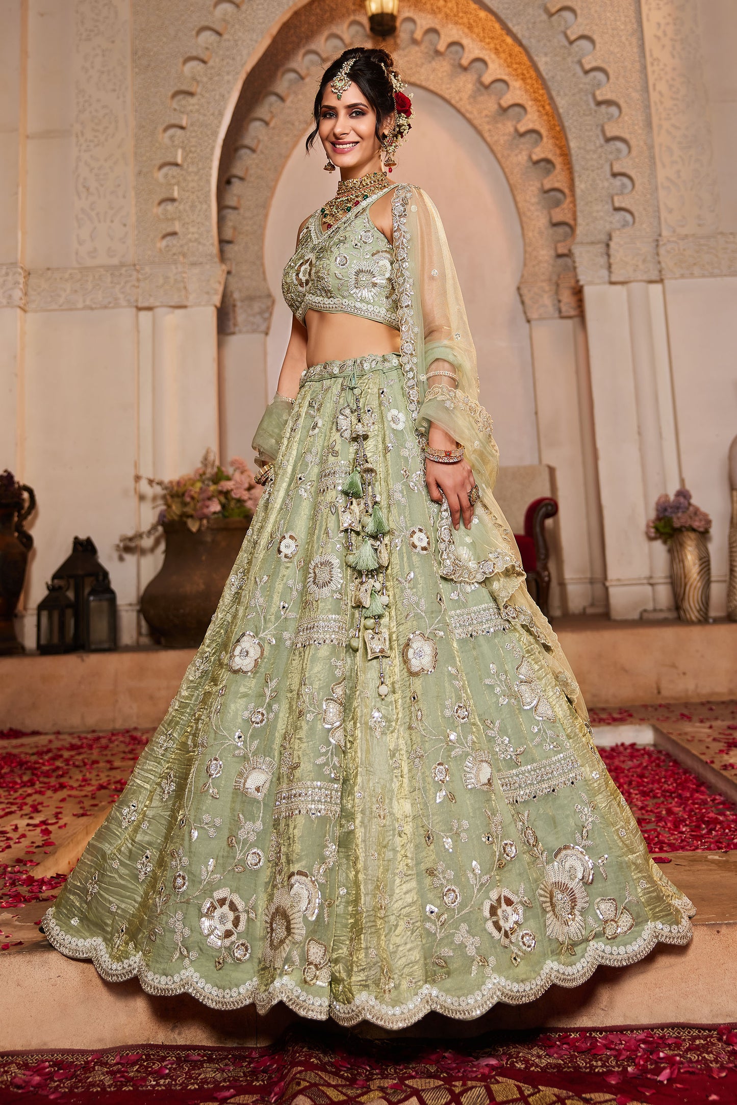 Lime Green Tissue Fabric Sequins embroidery Lehenga choli & Dupatta