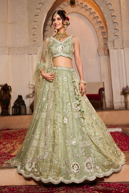 Lime Green Tissue Fabric Sequins embroidery Lehenga choli & Dupatta