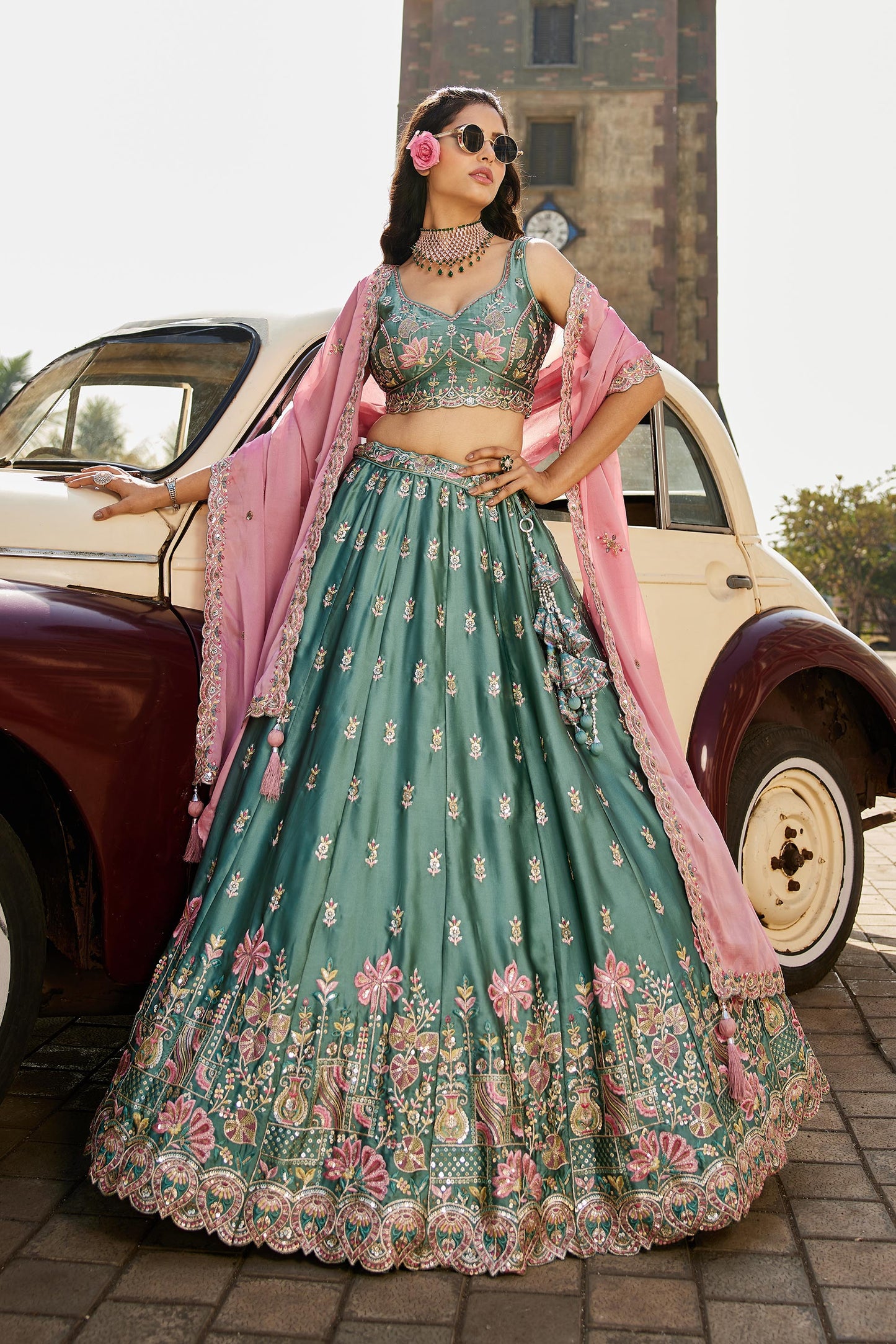 Lime green Georgette Sequins embroidery Lehenga choli & Dupatta