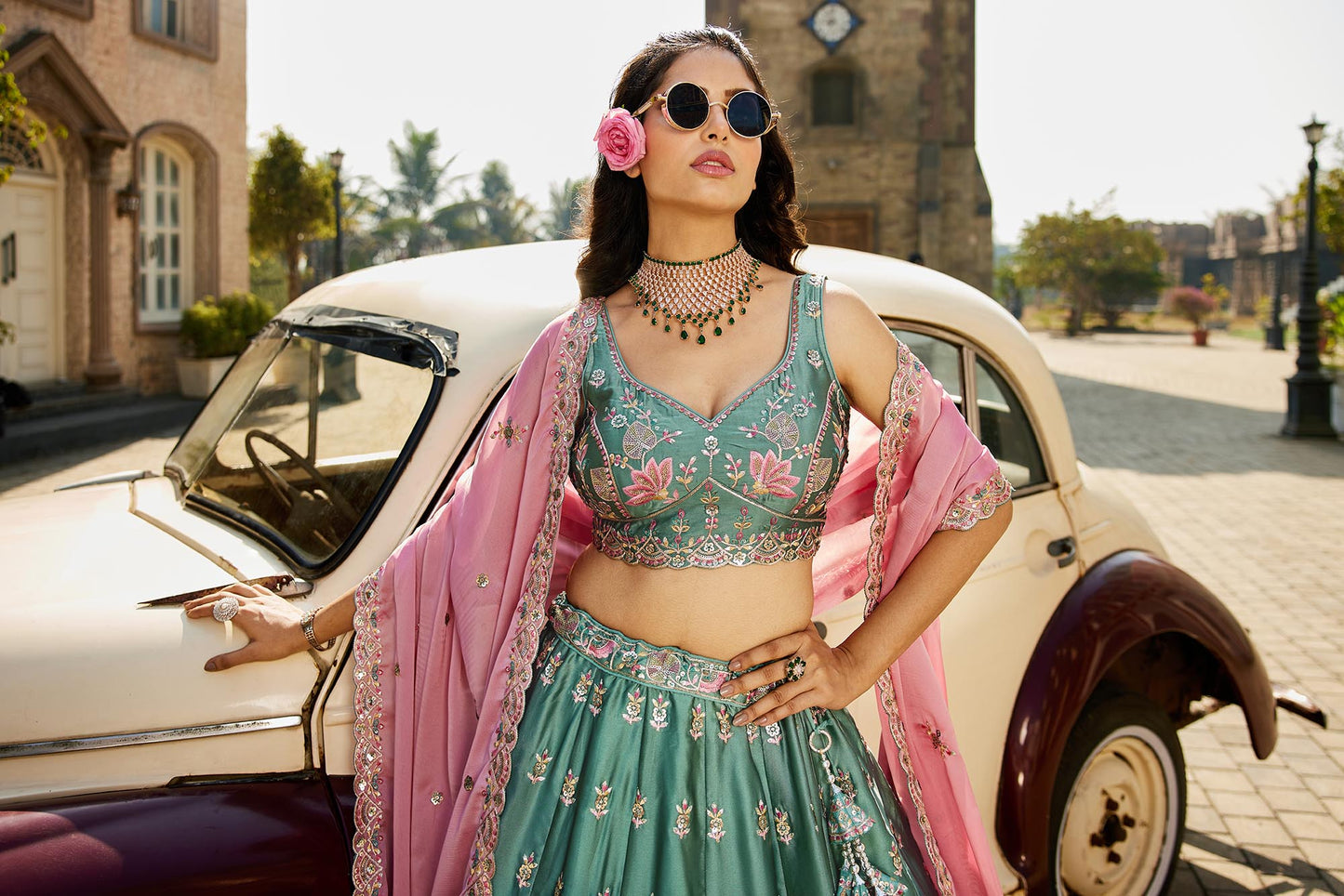 Lime green Georgette Sequins embroidery Lehenga choli & Dupatta