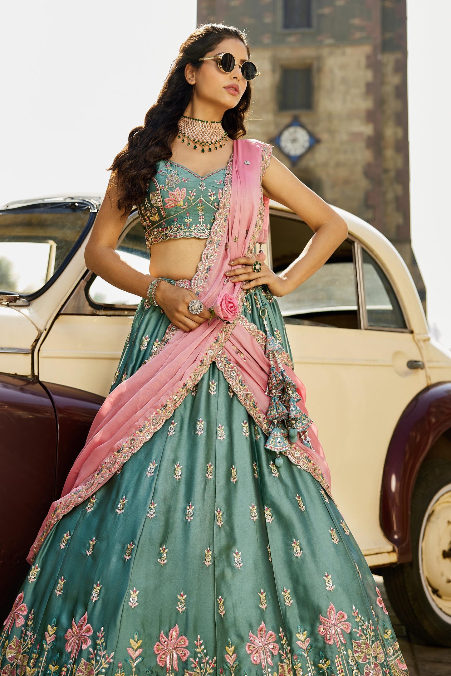 Lime green Georgette Sequins embroidery Lehenga choli & Dupatta