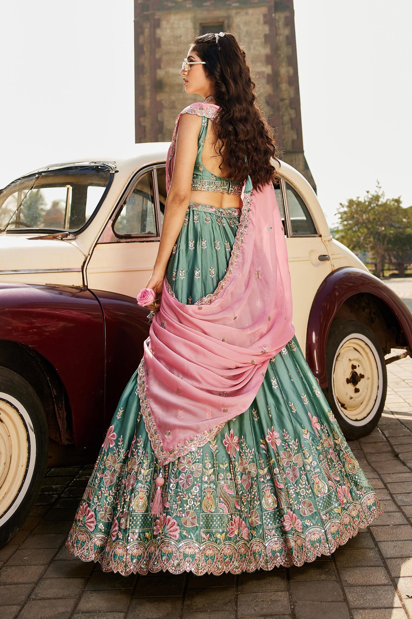 Lime green Georgette Sequins embroidery Lehenga choli & Dupatta