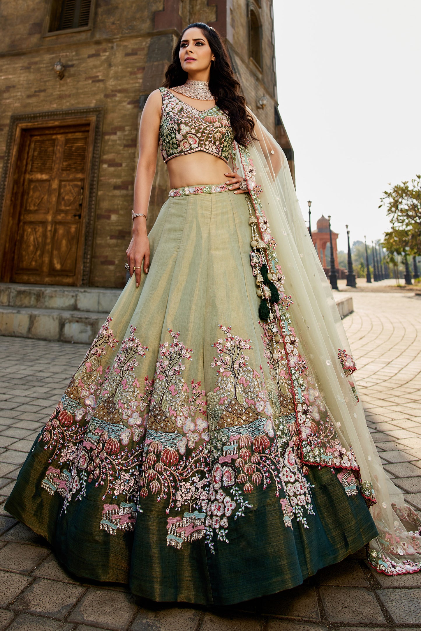 Green Net Sequins embroidery Lehenga choli & Dupatta