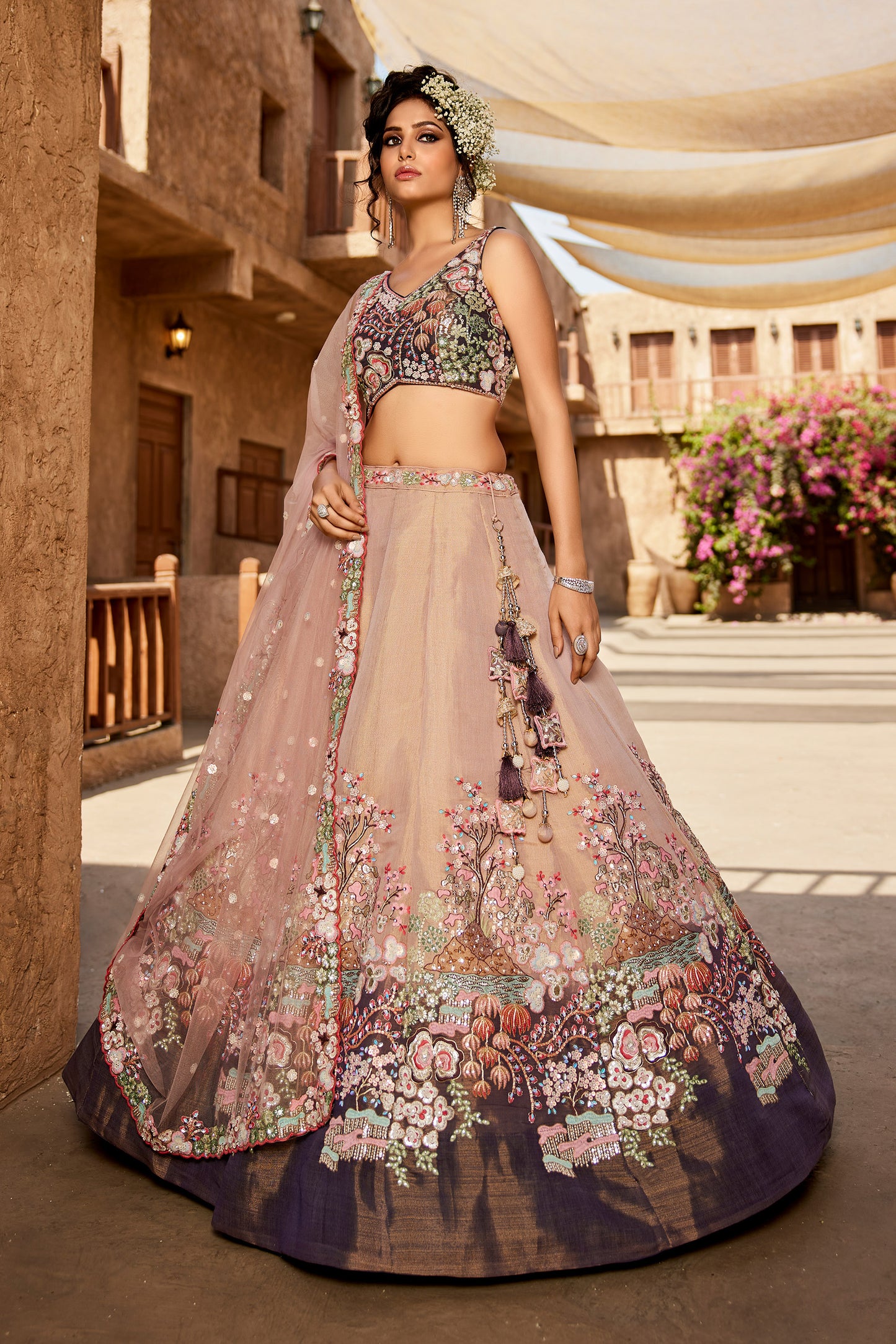 Purple Net Sequinse embroidery Lehenga choli & Dupatta