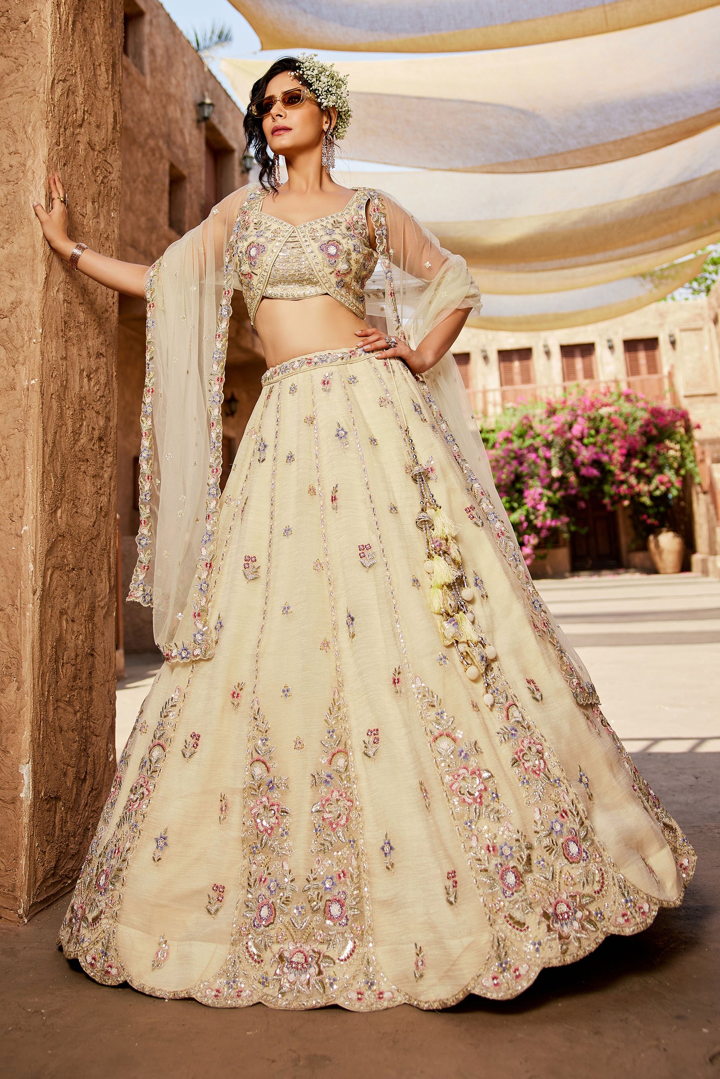 Cream colour Tissue Sequins embroidery Lehenga choli & Dupatta