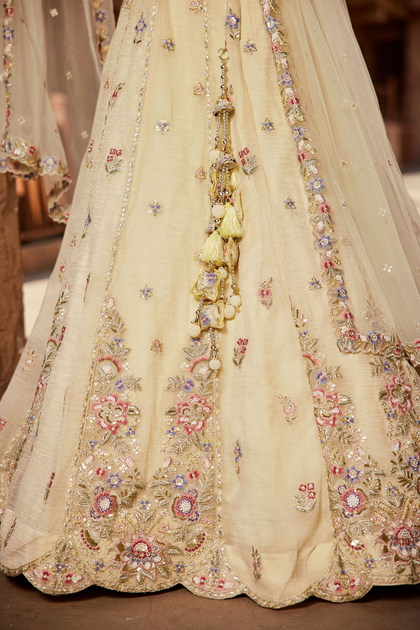 Cream colour Tissue Sequins embroidery Lehenga choli & Dupatta