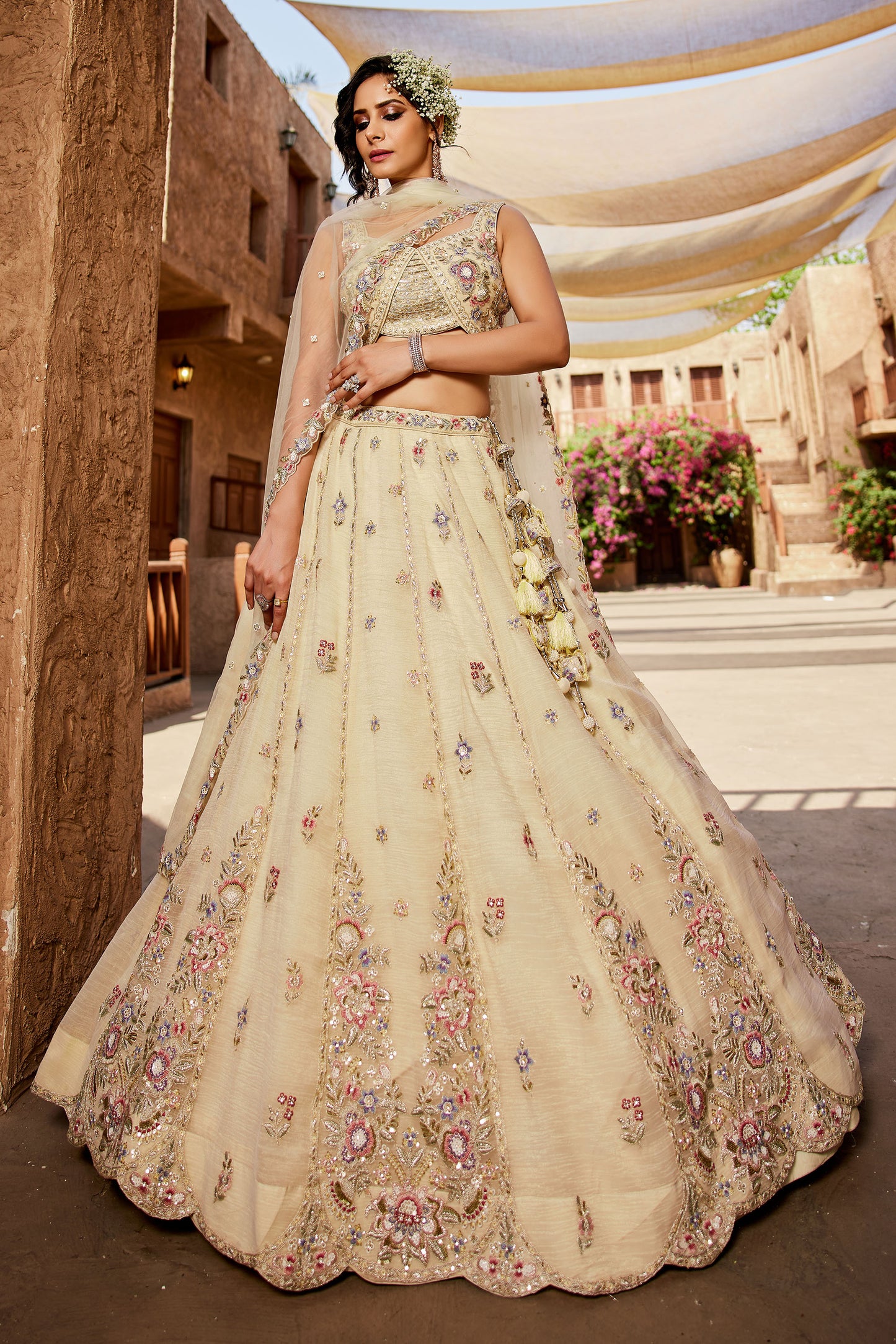 Cream colour Tissue Sequins embroidery Lehenga choli & Dupatta