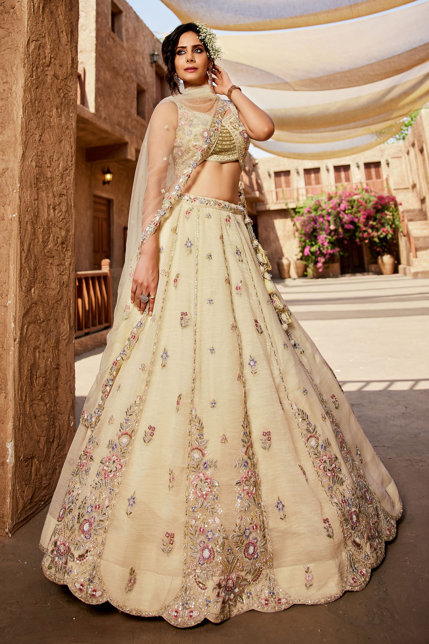Cream colour Tissue Sequins embroidery Lehenga choli & Dupatta