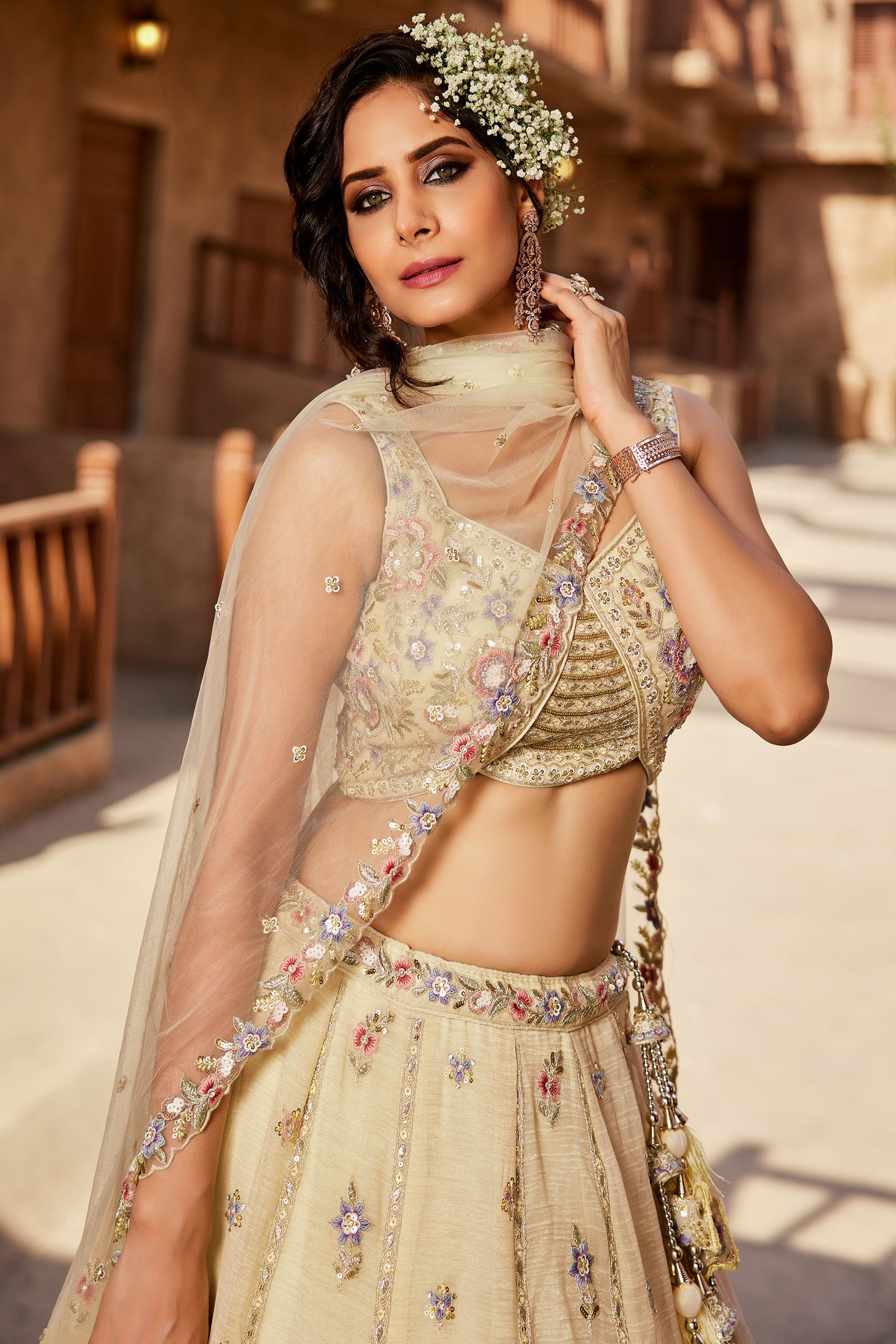 Cream colour Tissue Sequins embroidery Lehenga choli & Dupatta