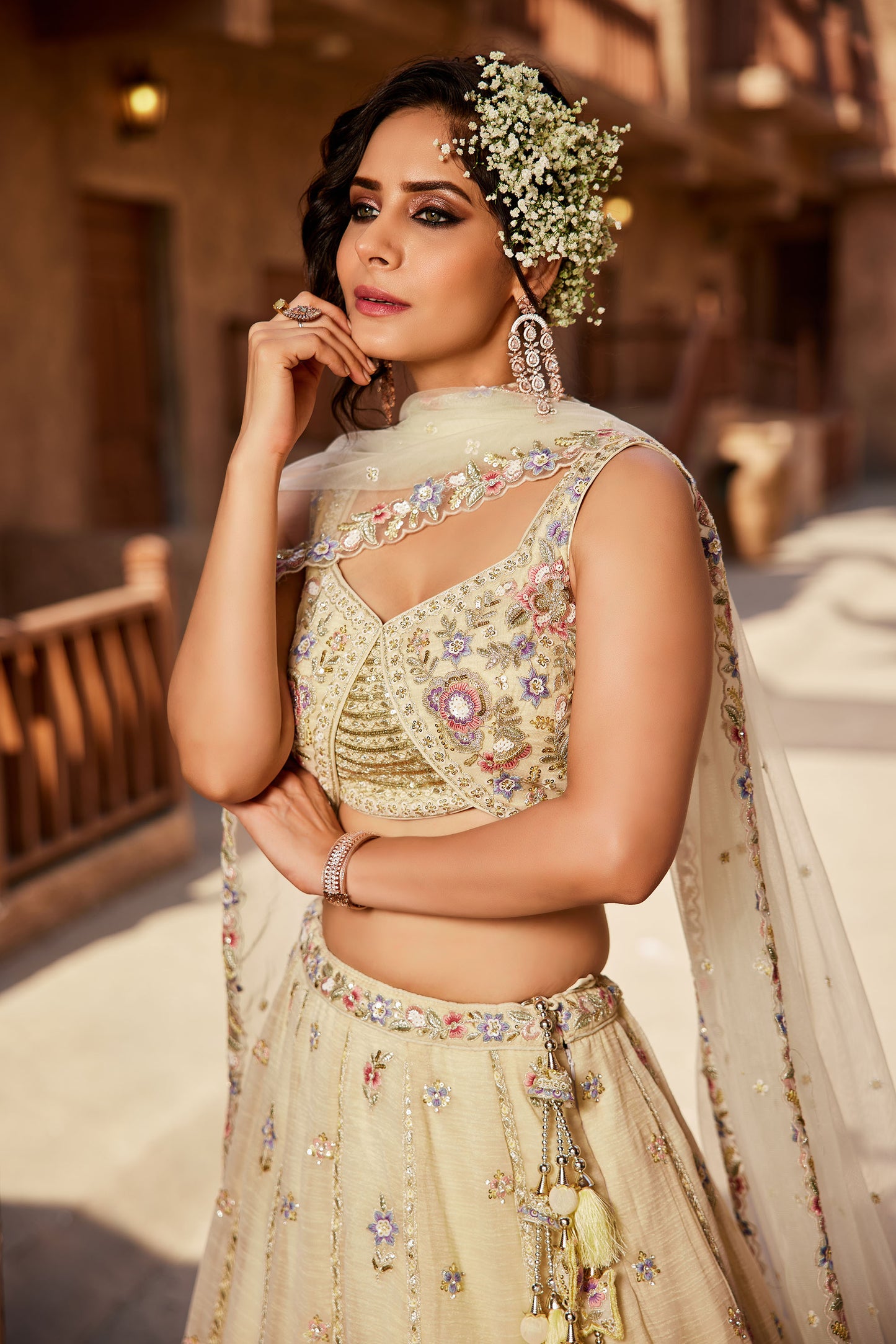 Cream colour Tissue Sequins embroidery Lehenga choli & Dupatta