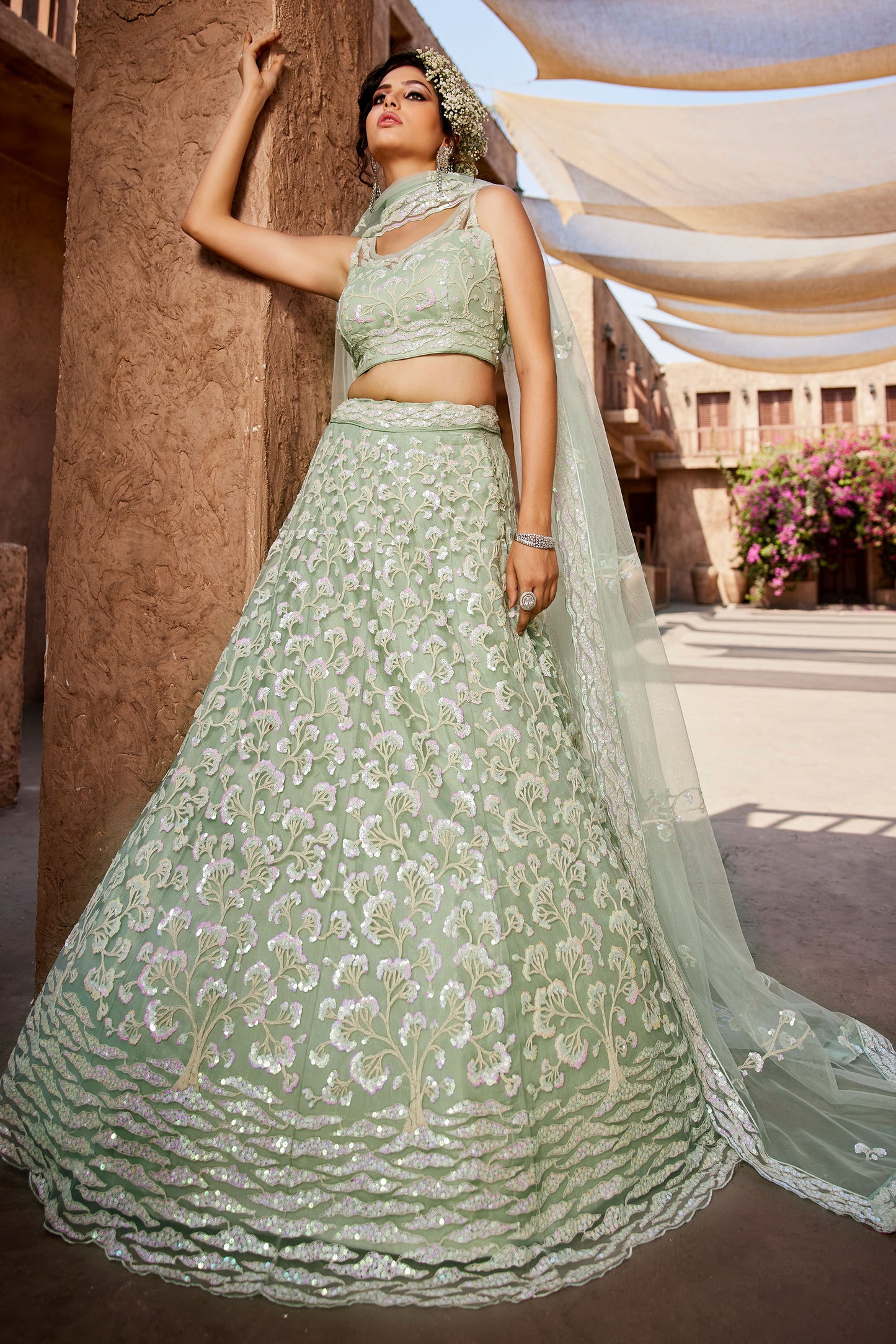 Lime Green Net Sequins embroidery Lehenga choli & Dupatta