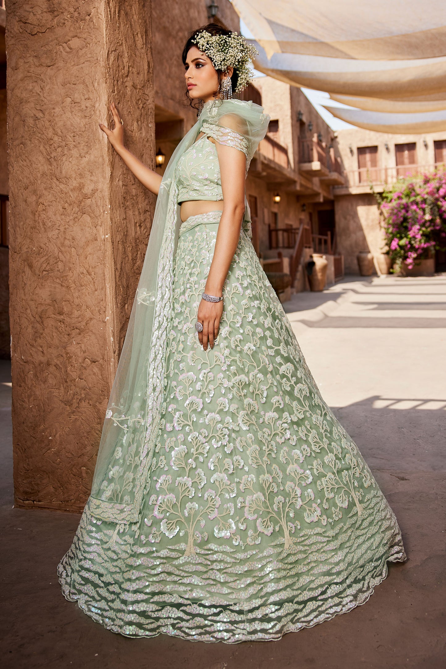 Lime Green Net Sequins embroidery Lehenga choli & Dupatta