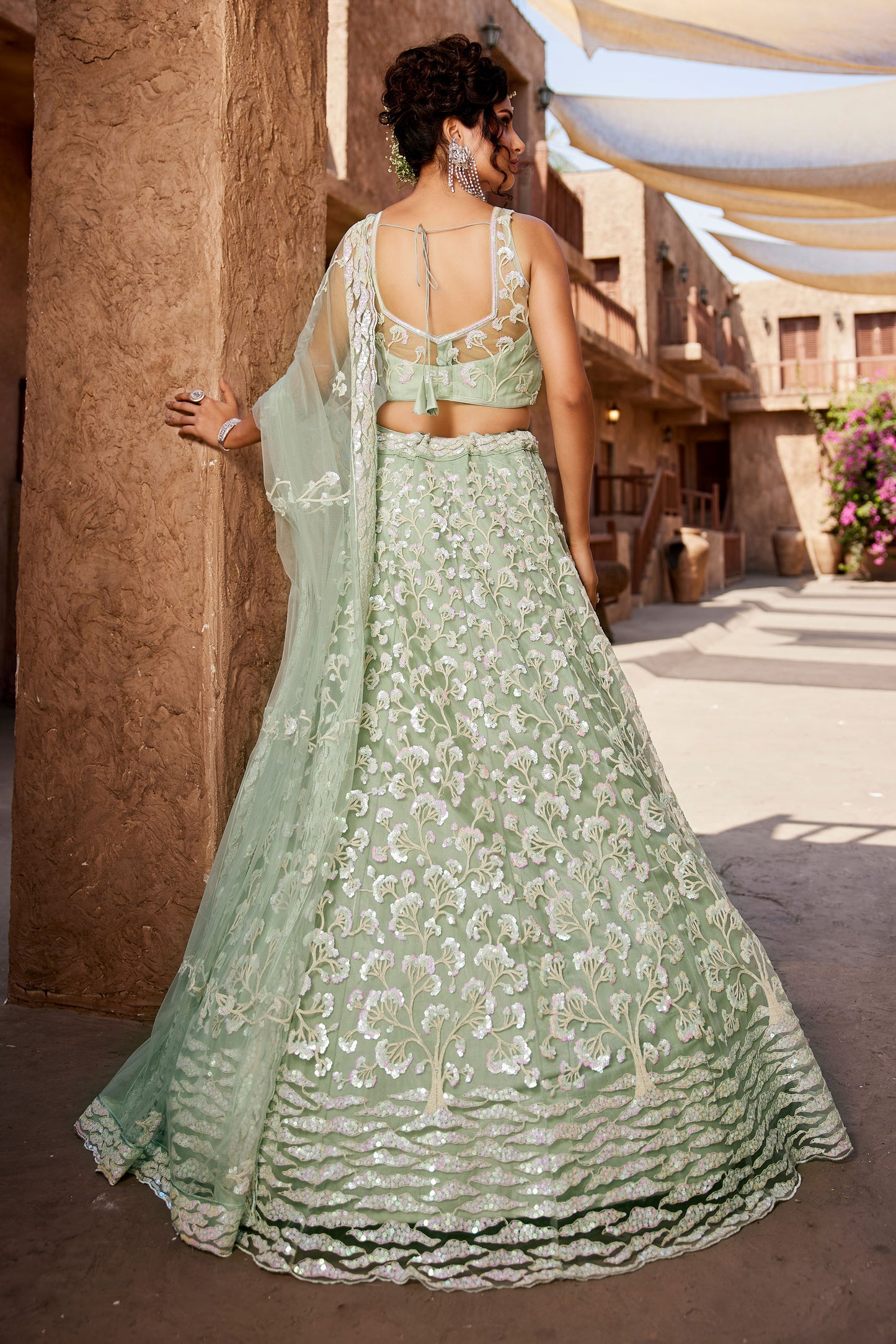 Lime Green Net Sequins embroidery Lehenga choli & Dupatta