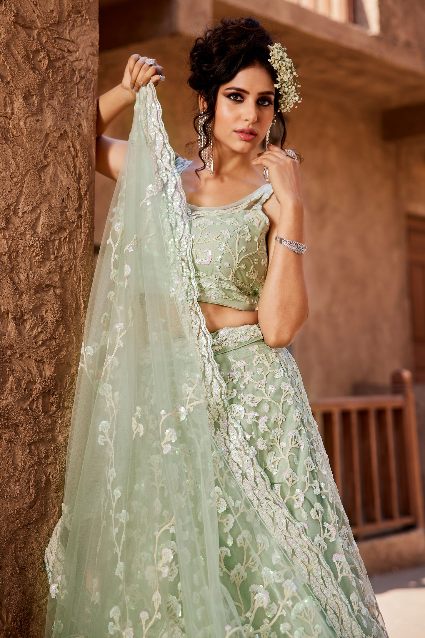 Lime Green Net Sequins embroidery Lehenga choli & Dupatta