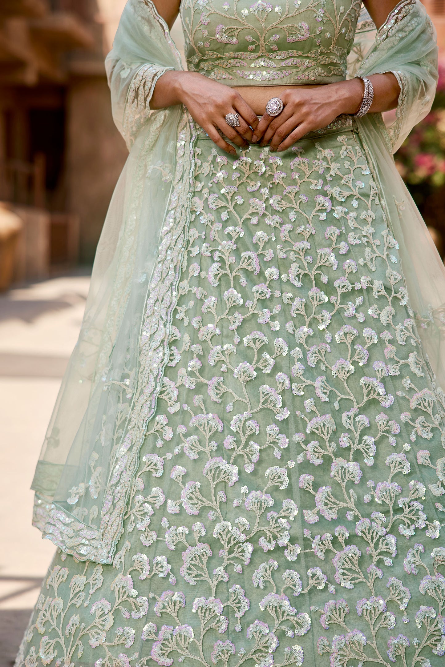 Lime Green Net Sequins embroidery Lehenga choli & Dupatta