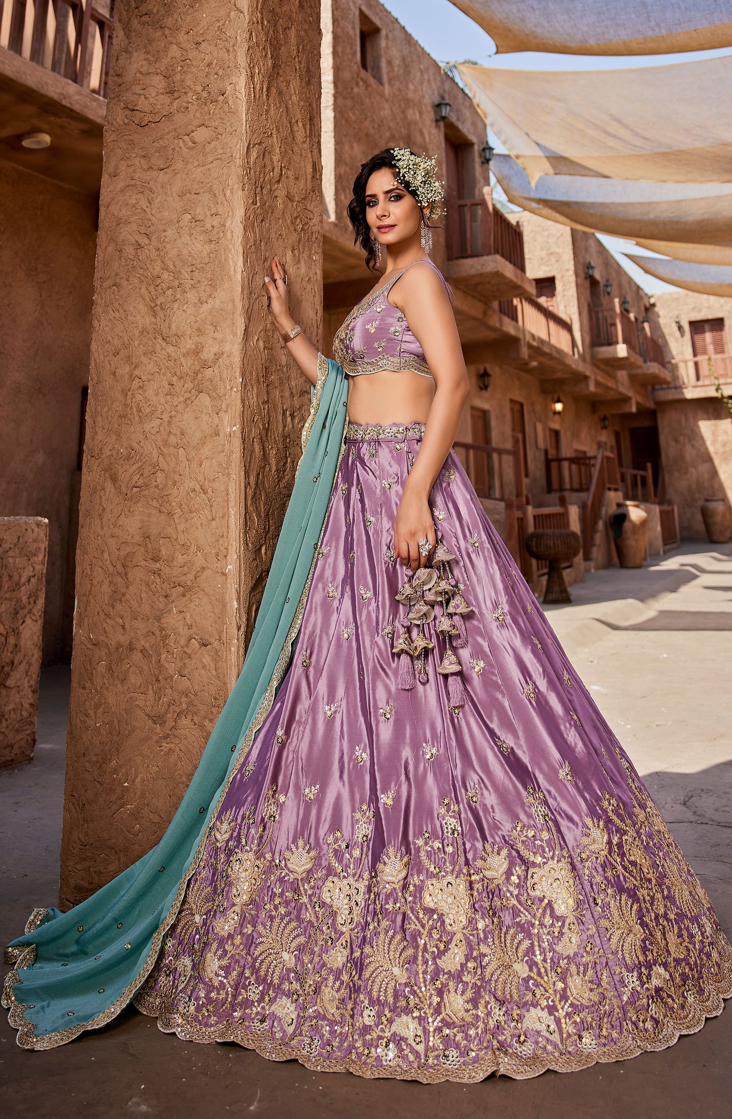 Lavender Satin Silk Sequins embroidery Lehenga choli & Dupatta
