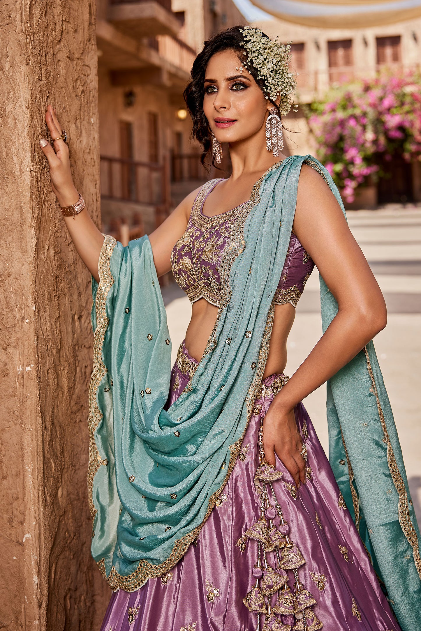Lavender Satin Silk Sequins embroidery Lehenga choli & Dupatta