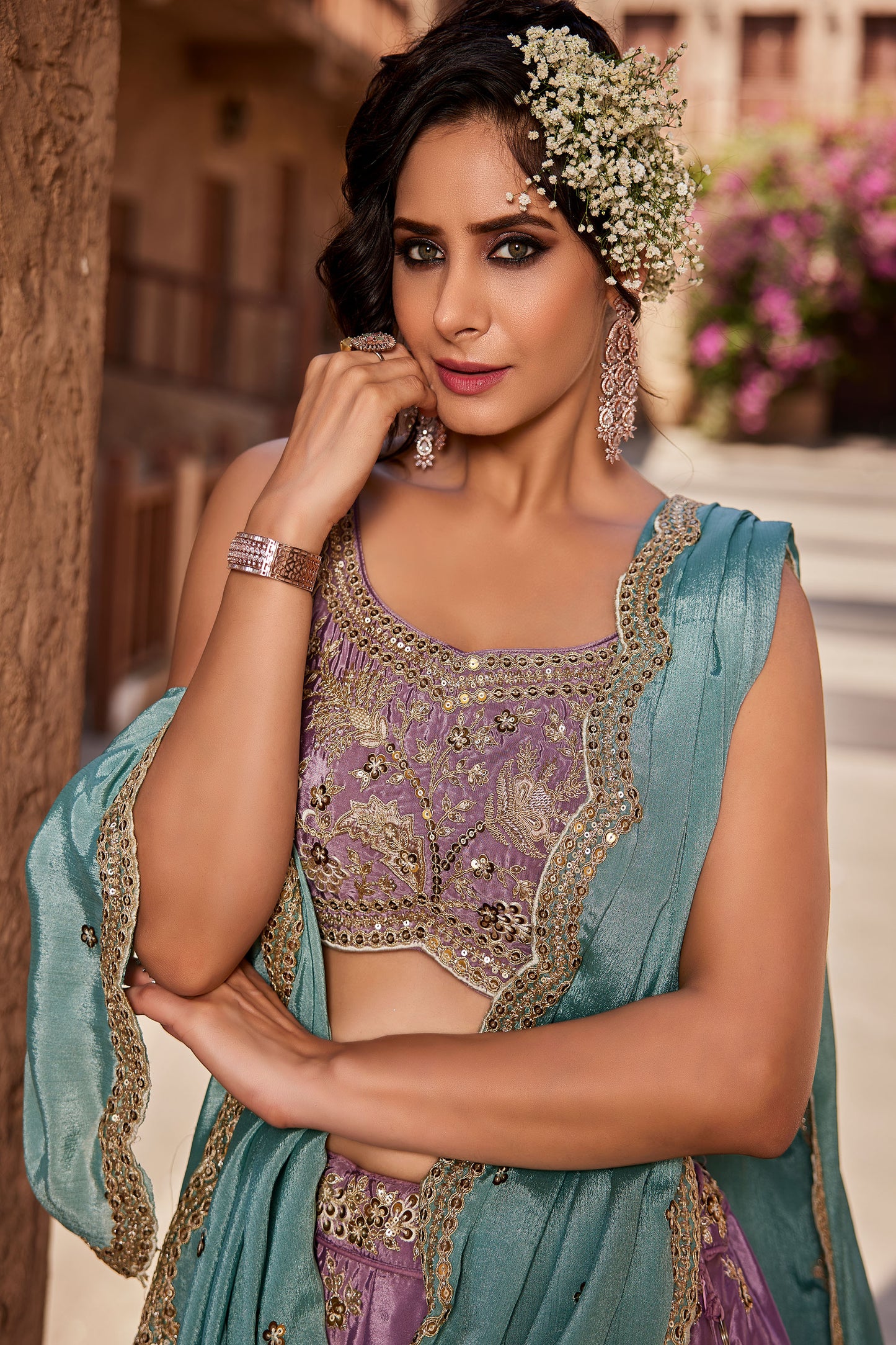 Lavender Satin Silk Sequins embroidery Lehenga choli & Dupatta