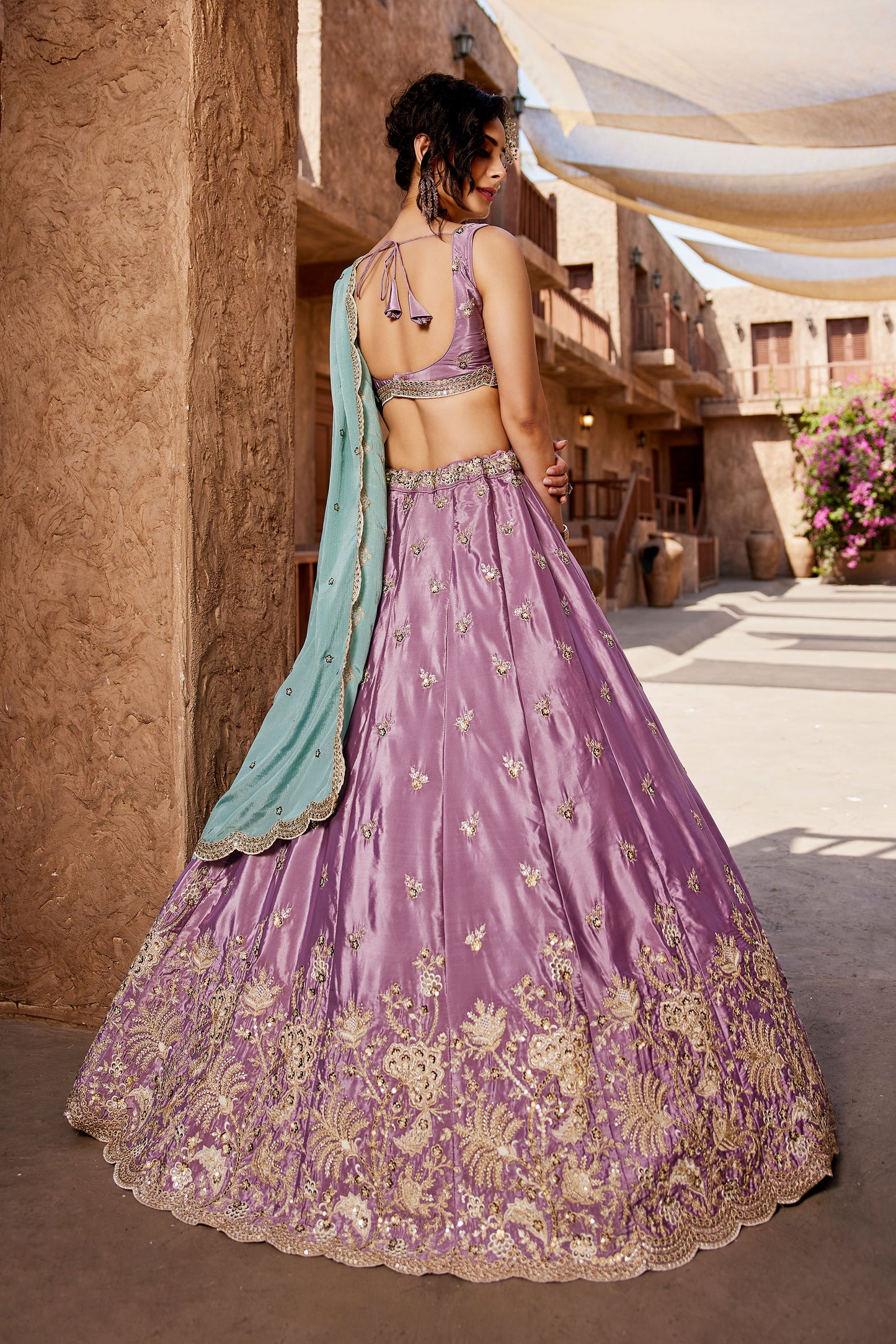 Lavender Satin Silk Sequins embroidery Lehenga choli & Dupatta