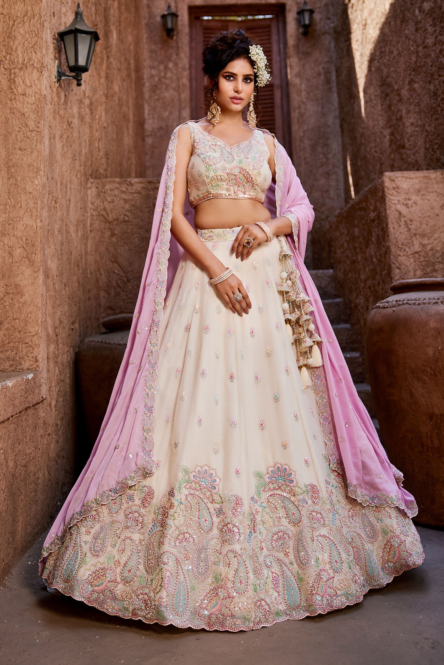 Cream Georgette Sequins embroidery Lehenga choli & Dupatta