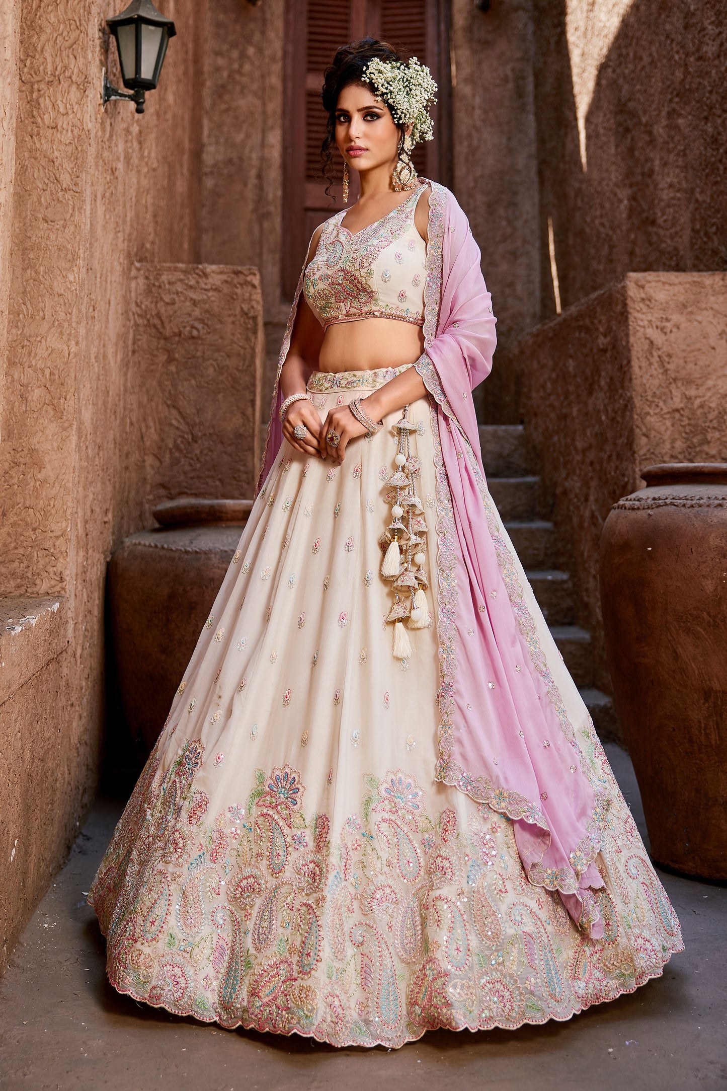 Cream Georgette Sequins embroidery Lehenga choli & Dupatta
