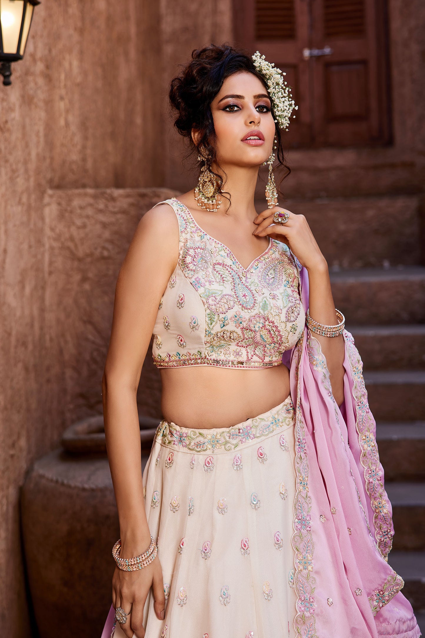 Cream Georgette Sequins embroidery Lehenga choli & Dupatta