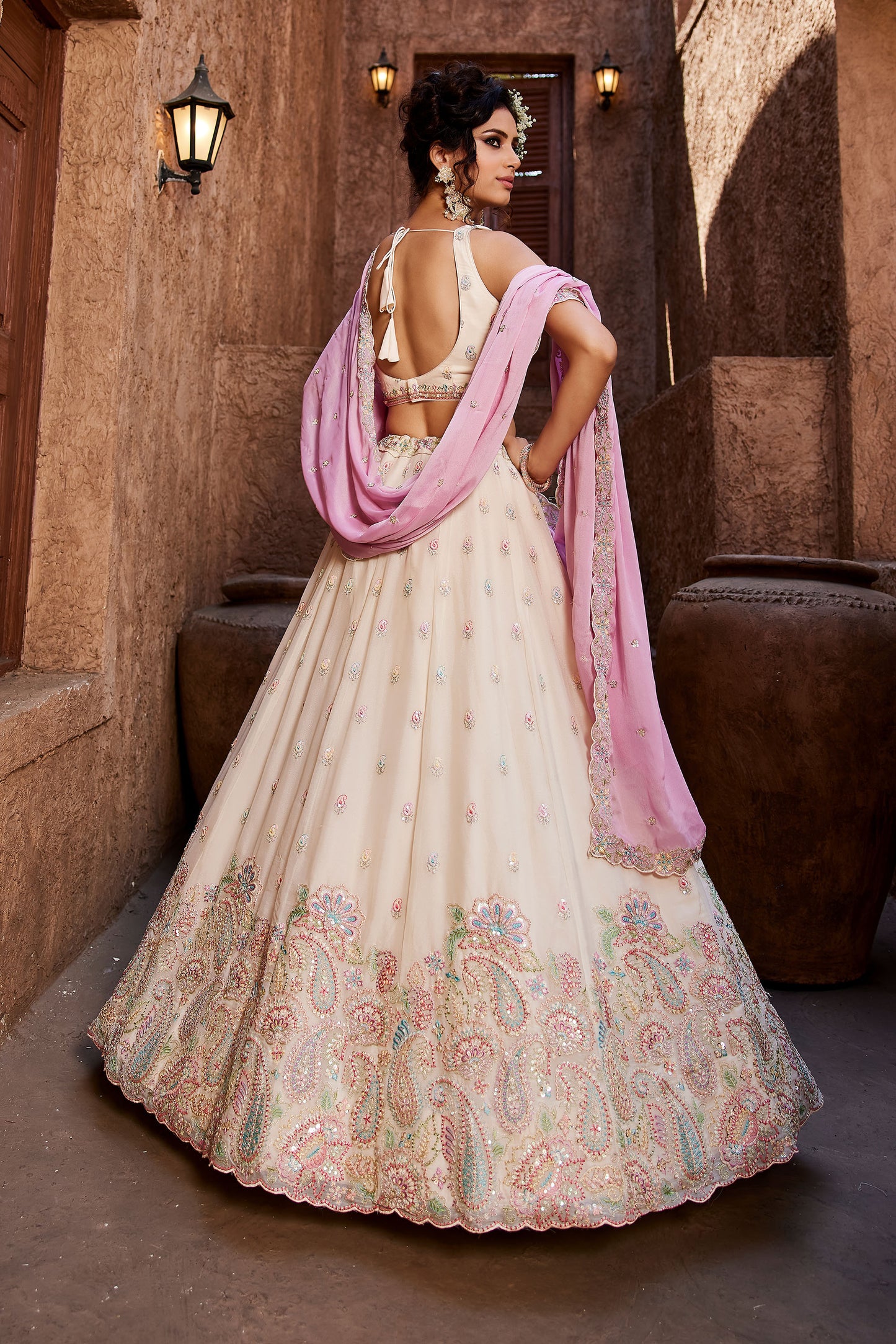 Cream Georgette Sequins embroidery Lehenga choli & Dupatta