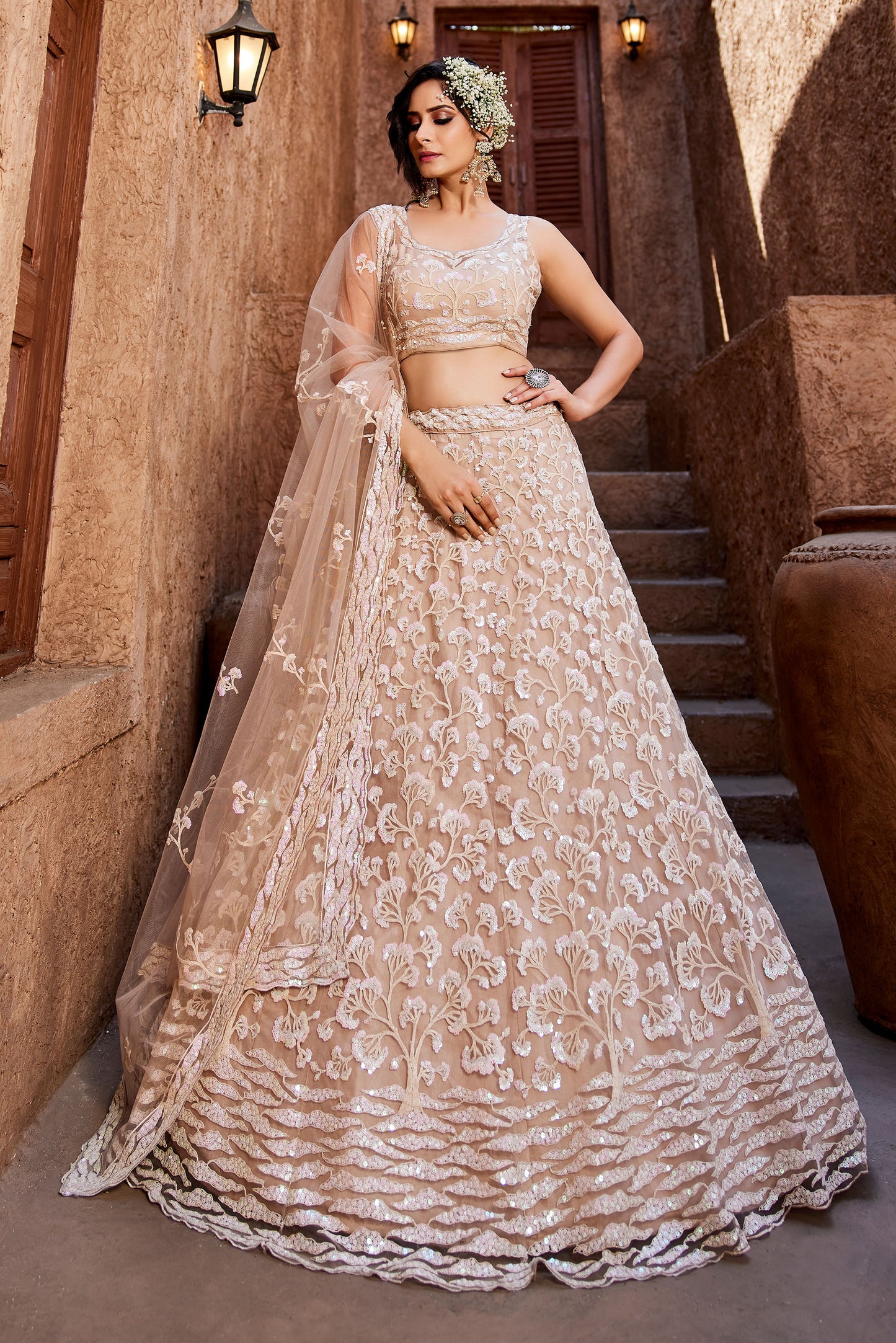 Nude Net Sequins embroidery Lehenga choli & Dupatta