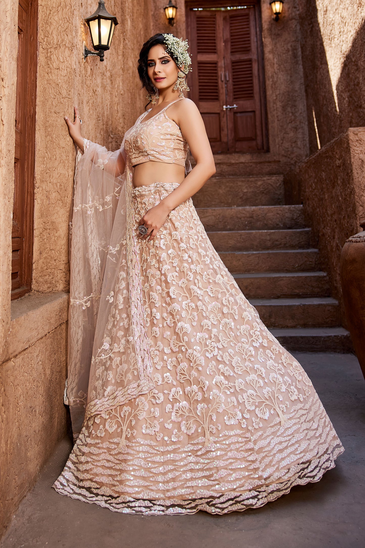 Nude Net Sequins embroidery Lehenga choli & Dupatta