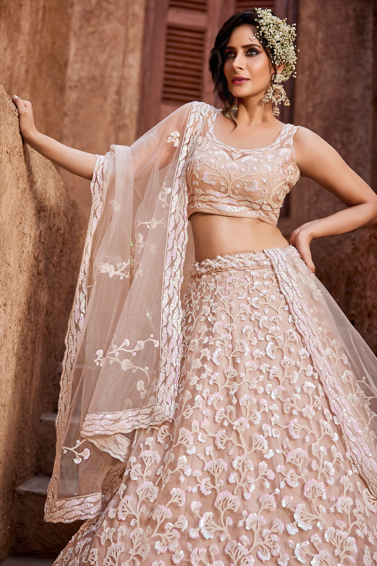 Nude Net Sequins embroidery Lehenga choli & Dupatta