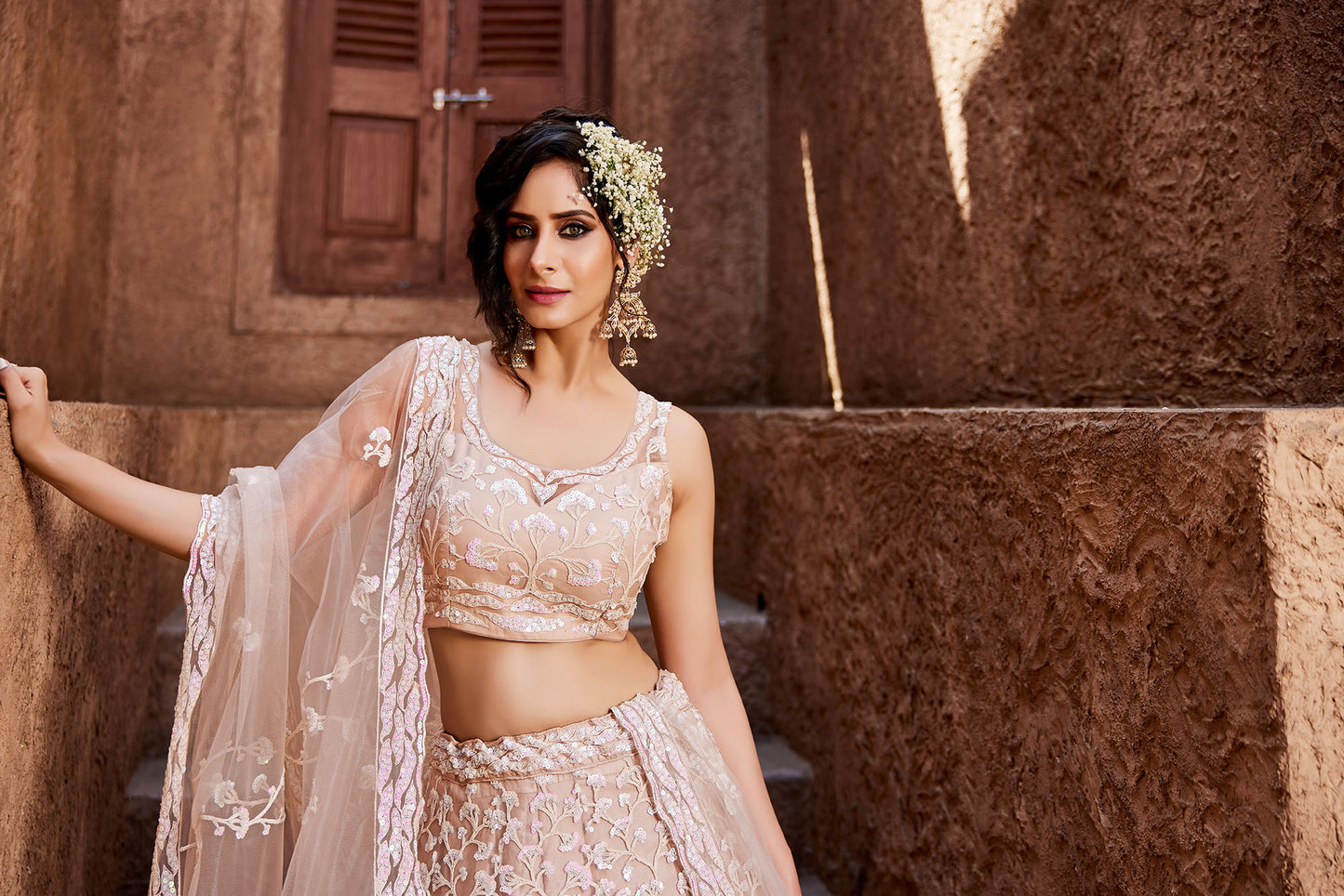 Nude Net Sequins embroidery Lehenga choli & Dupatta