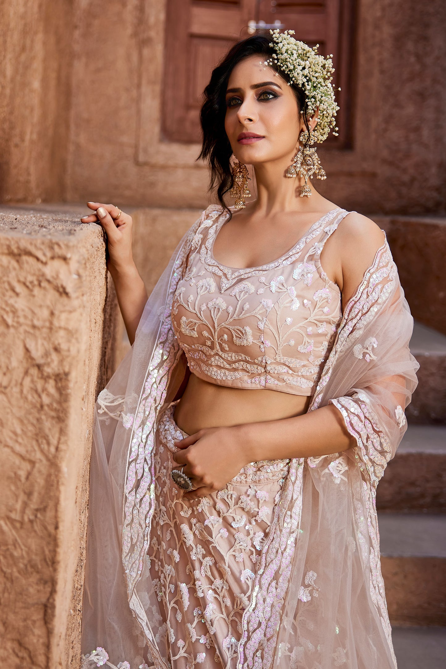 Nude Net Sequins embroidery Lehenga choli & Dupatta