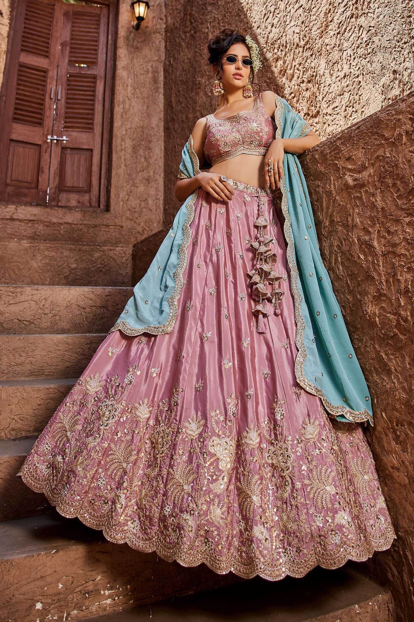 Pink Satin Silk Sequins embroidery Lehenga choli & Dupatta