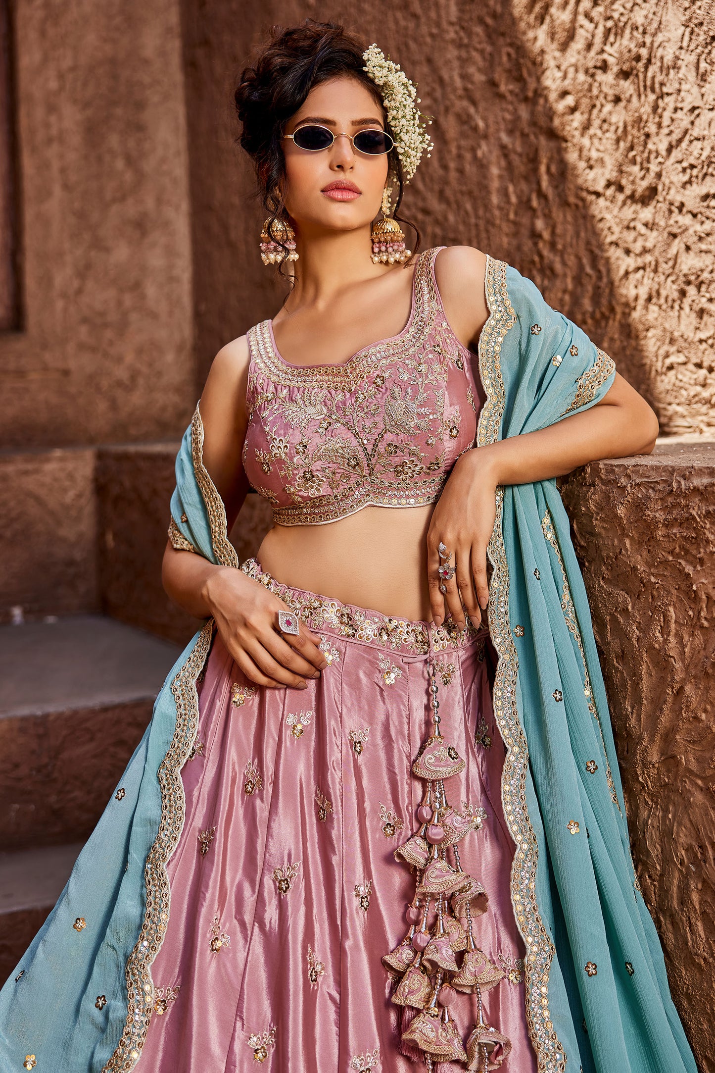 Pink Satin Silk Sequins embroidery Lehenga choli & Dupatta