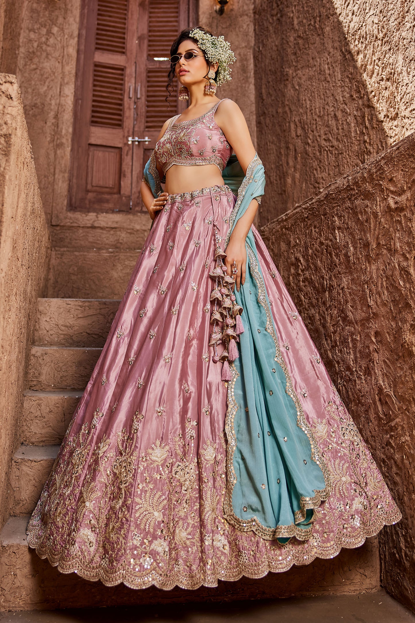 Pink Satin Silk Sequins embroidery Lehenga choli & Dupatta