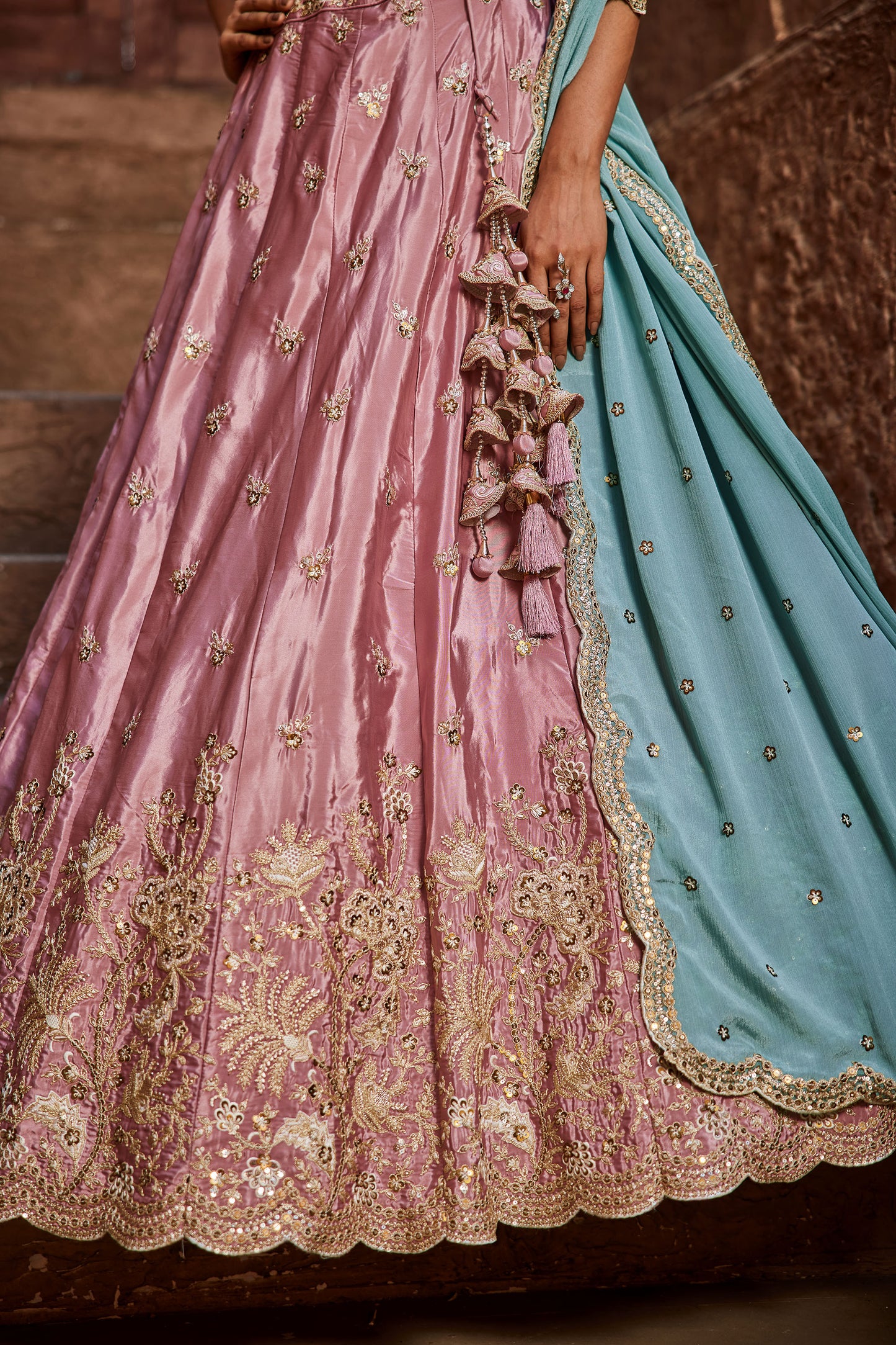 Pink Satin Silk Sequins embroidery Lehenga choli & Dupatta