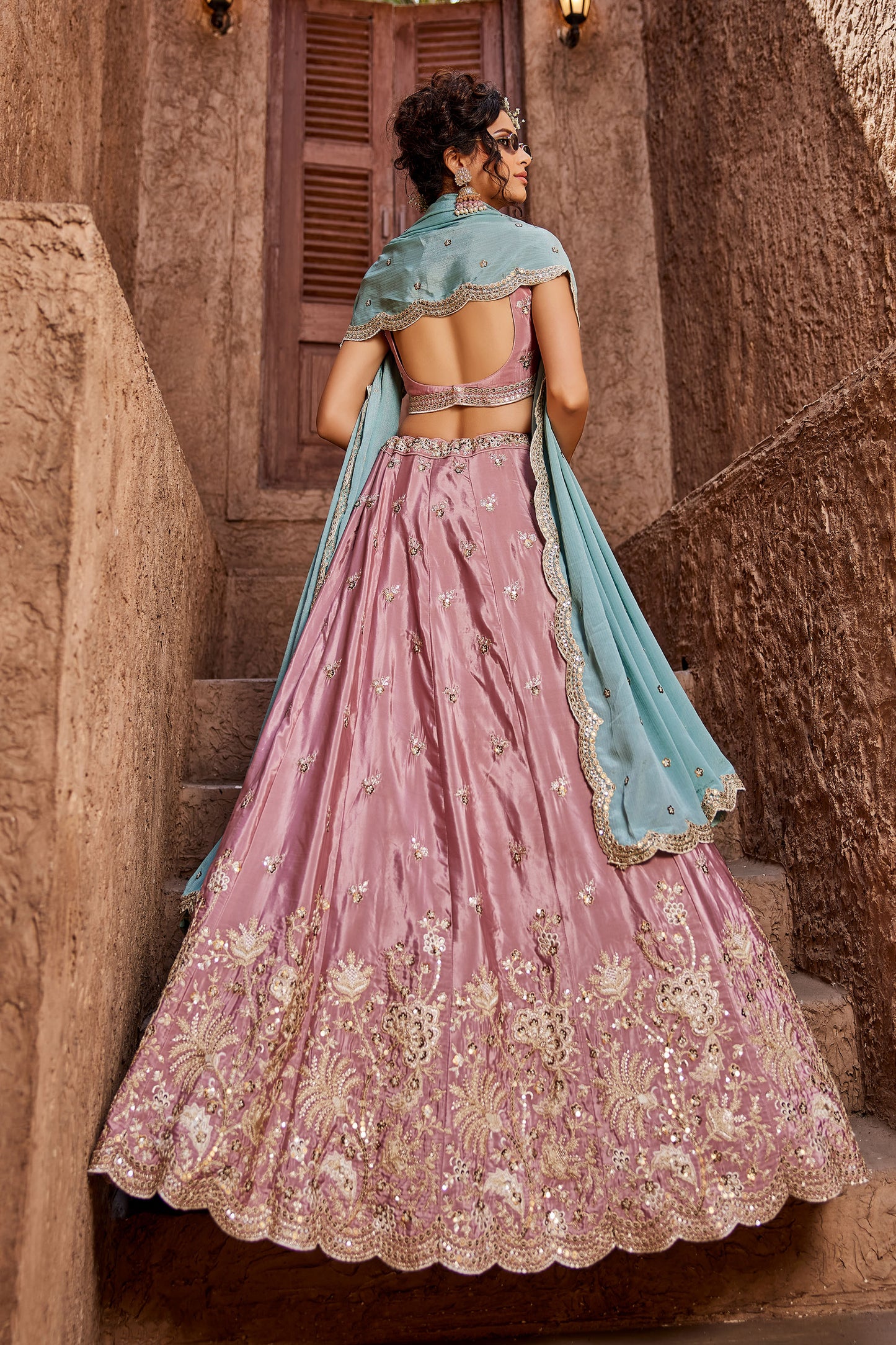 Pink Satin Silk Sequins embroidery Lehenga choli & Dupatta