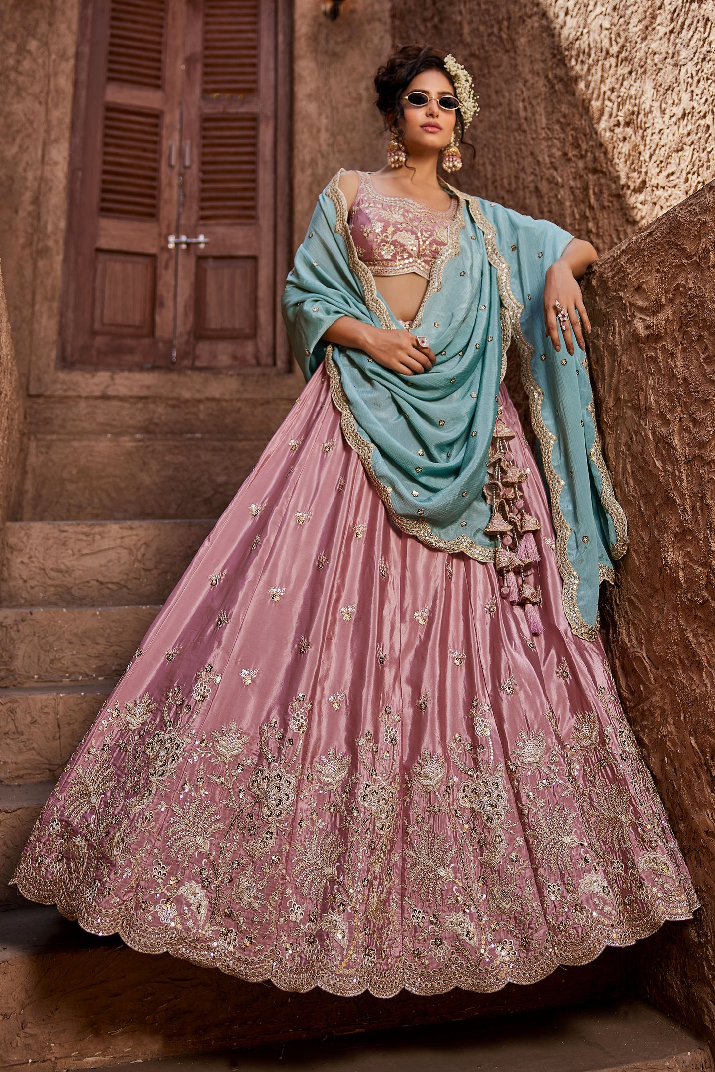 Pink Satin Silk Sequins embroidery Lehenga choli & Dupatta