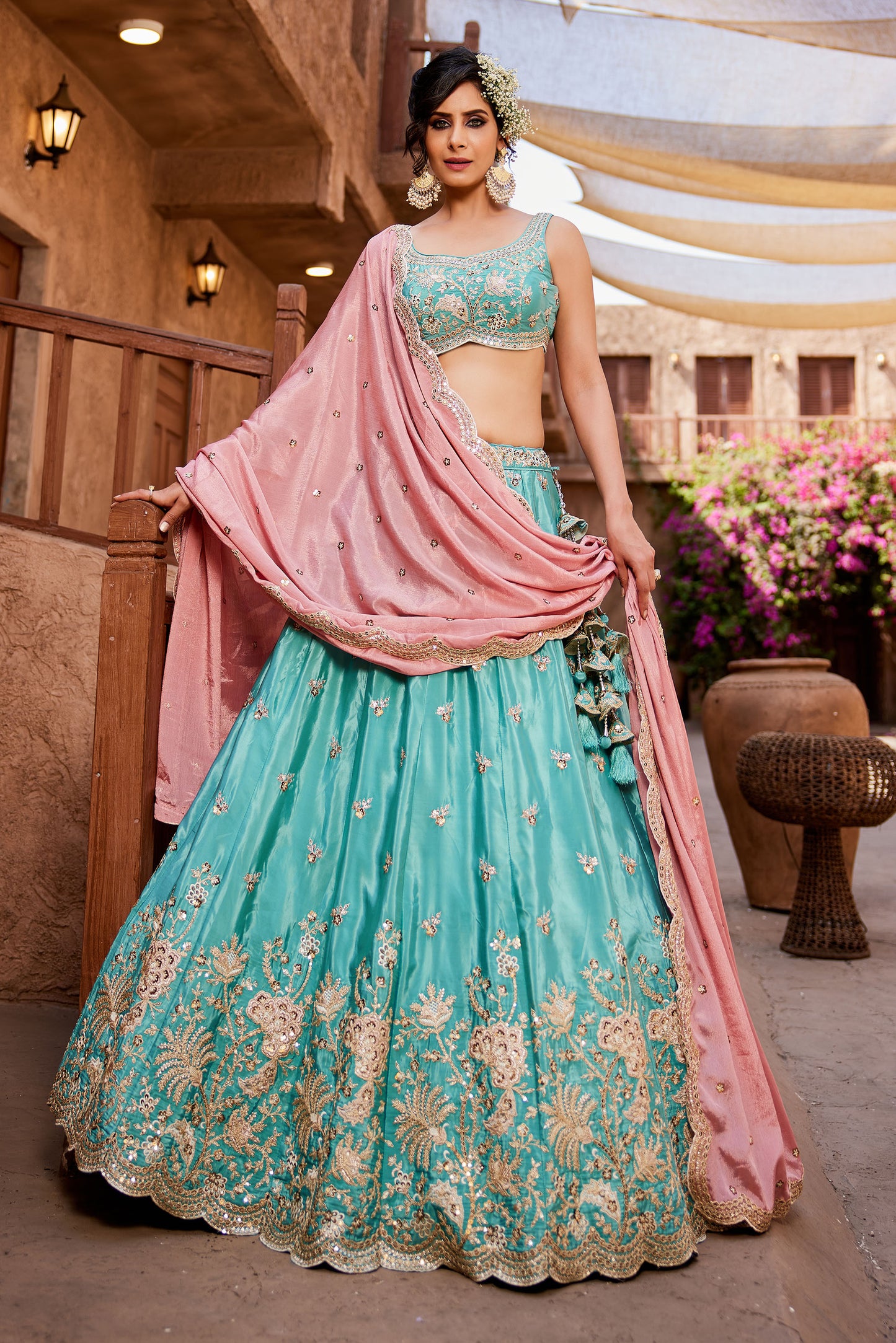 Turquoise blue Satin Silk Sequins embroidery Lehenga choli & Dupatta