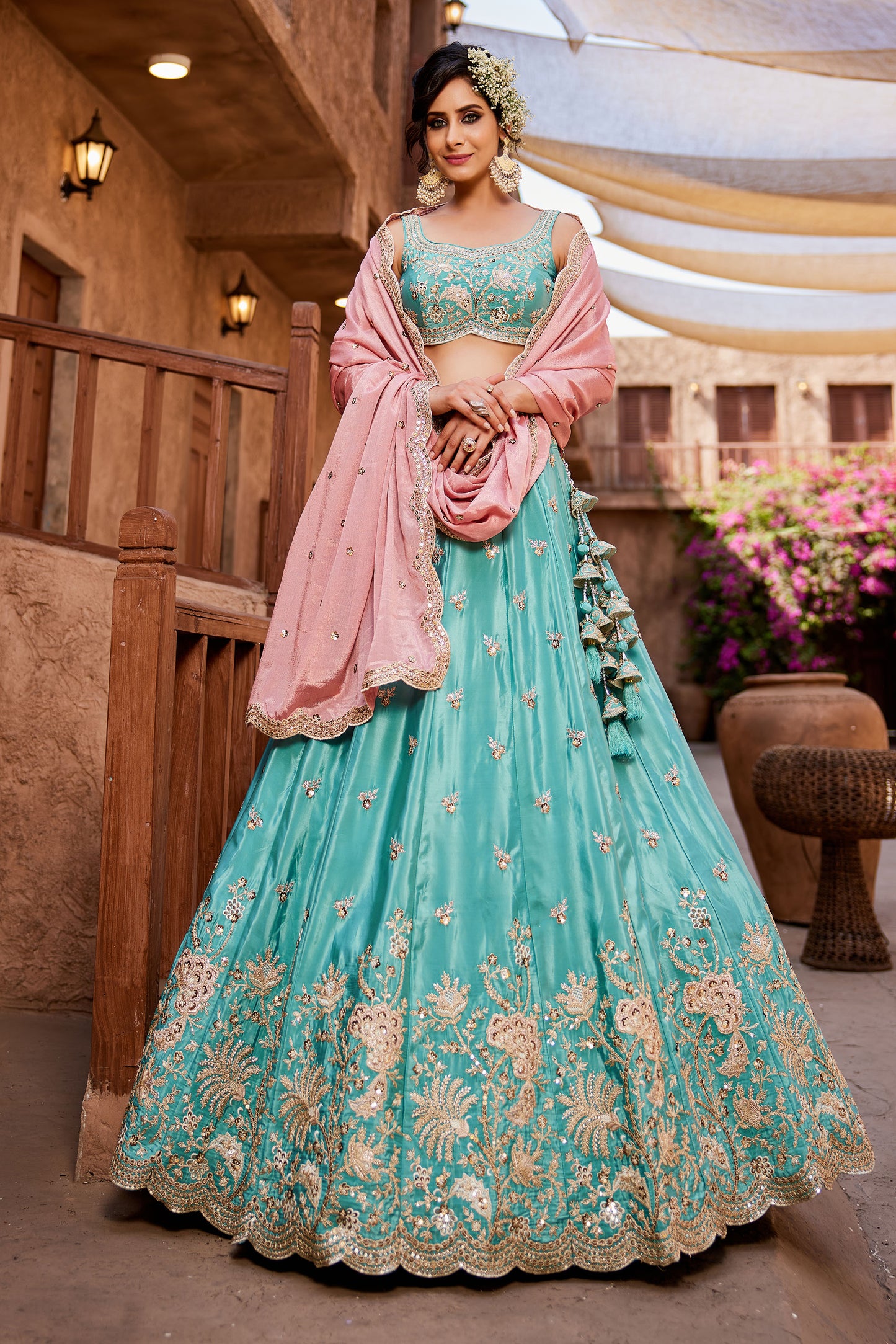Turquoise blue Satin Silk Sequins embroidery Lehenga choli & Dupatta