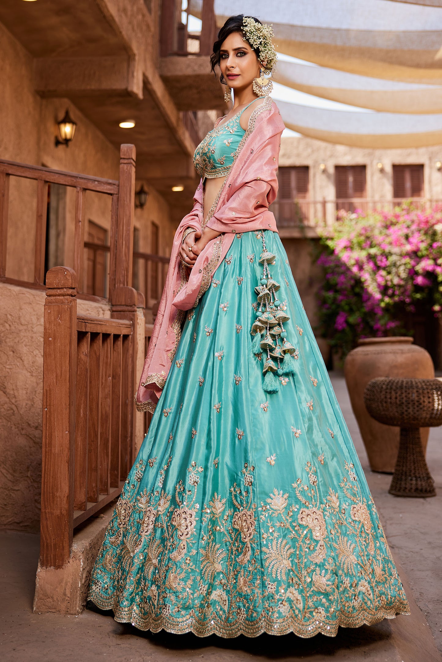 Turquoise blue Satin Silk Sequins embroidery Lehenga choli & Dupatta