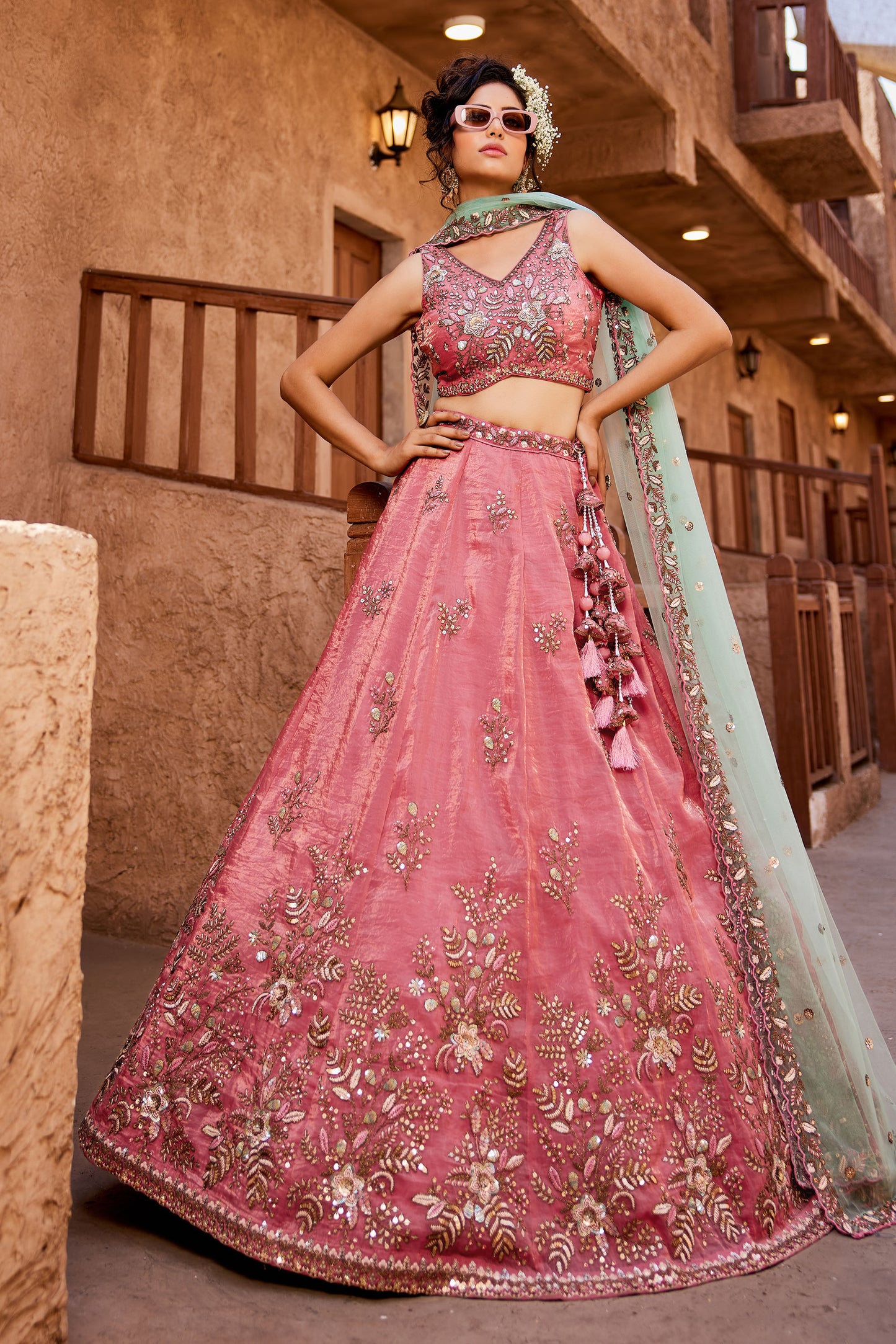 Pink Tissue Sequins embroidery Lehenga choli & Dupatta