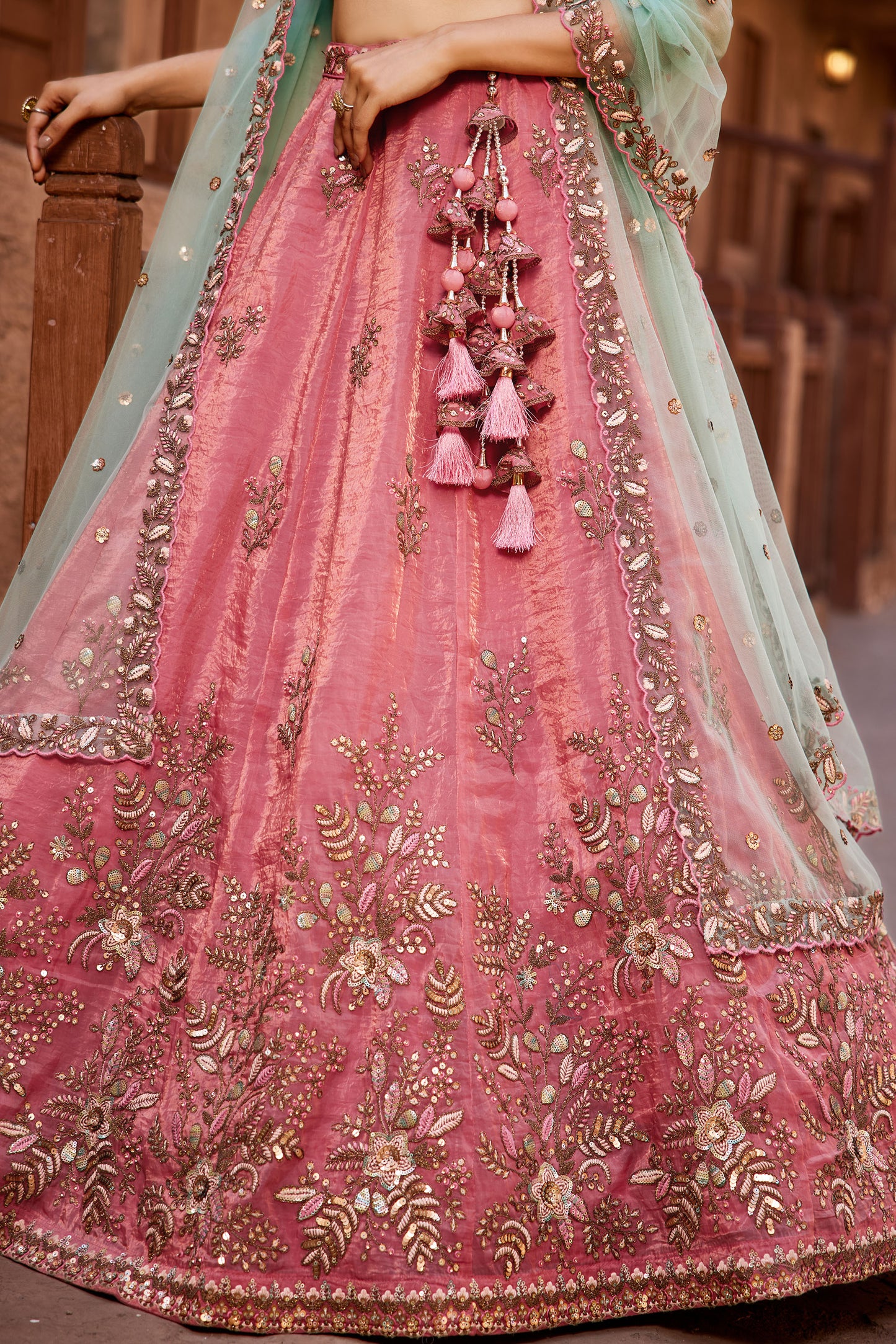 Pink Tissue Sequins embroidery Lehenga choli & Dupatta