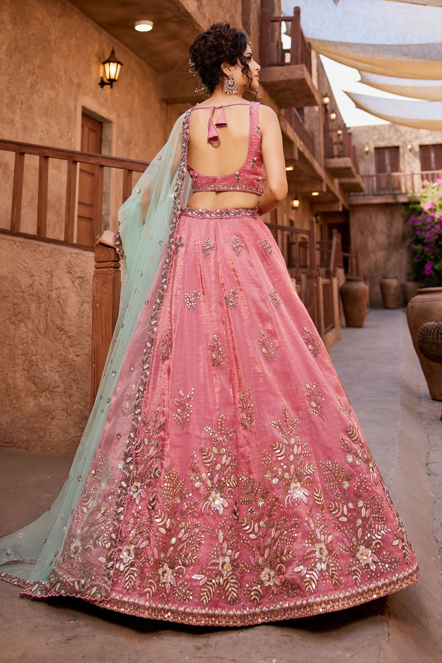 Pink Tissue Sequins embroidery Lehenga choli & Dupatta