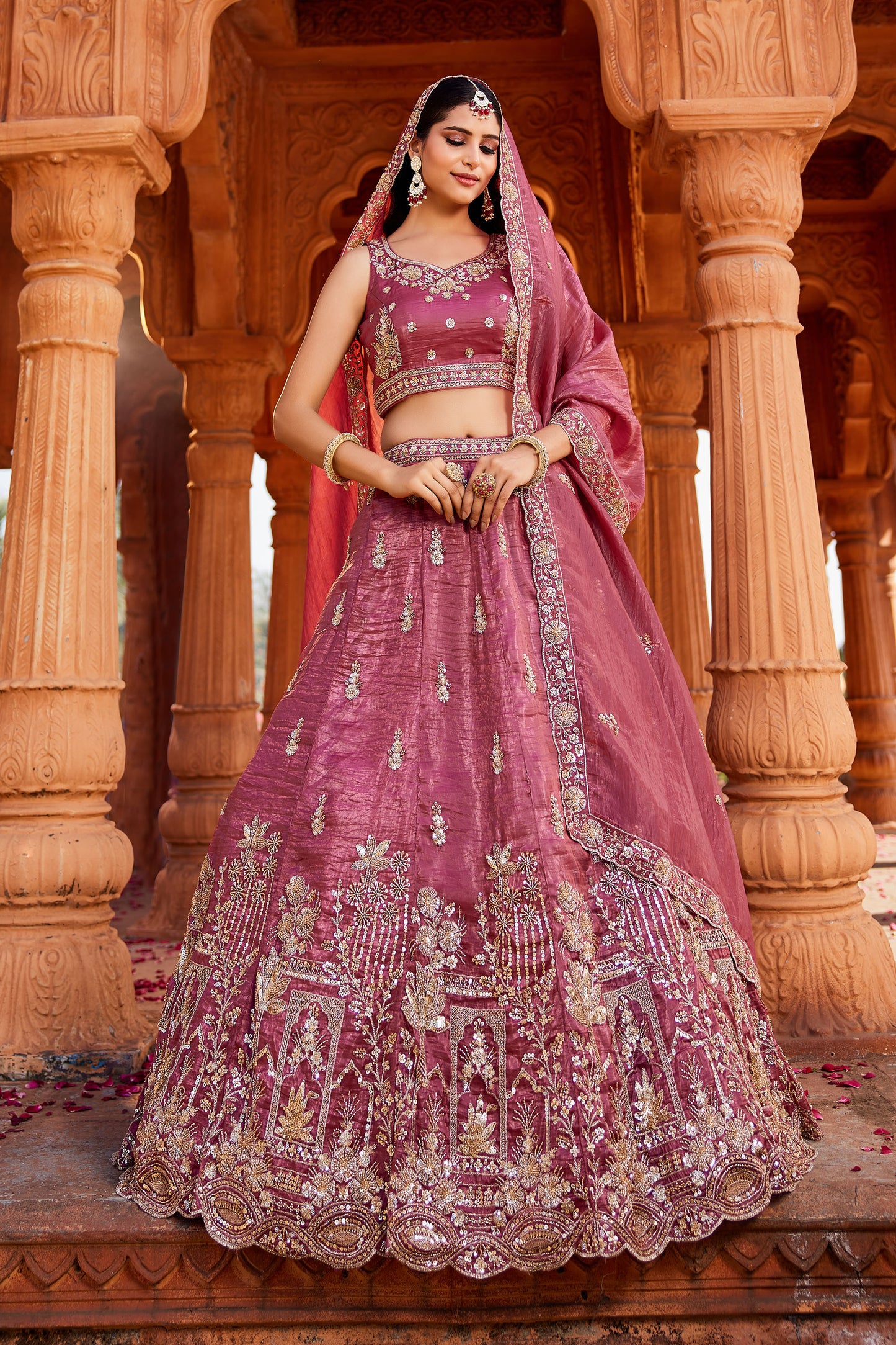 Pink Tissue Handwork cutdana embroidery Lehenga choli & Dupatta