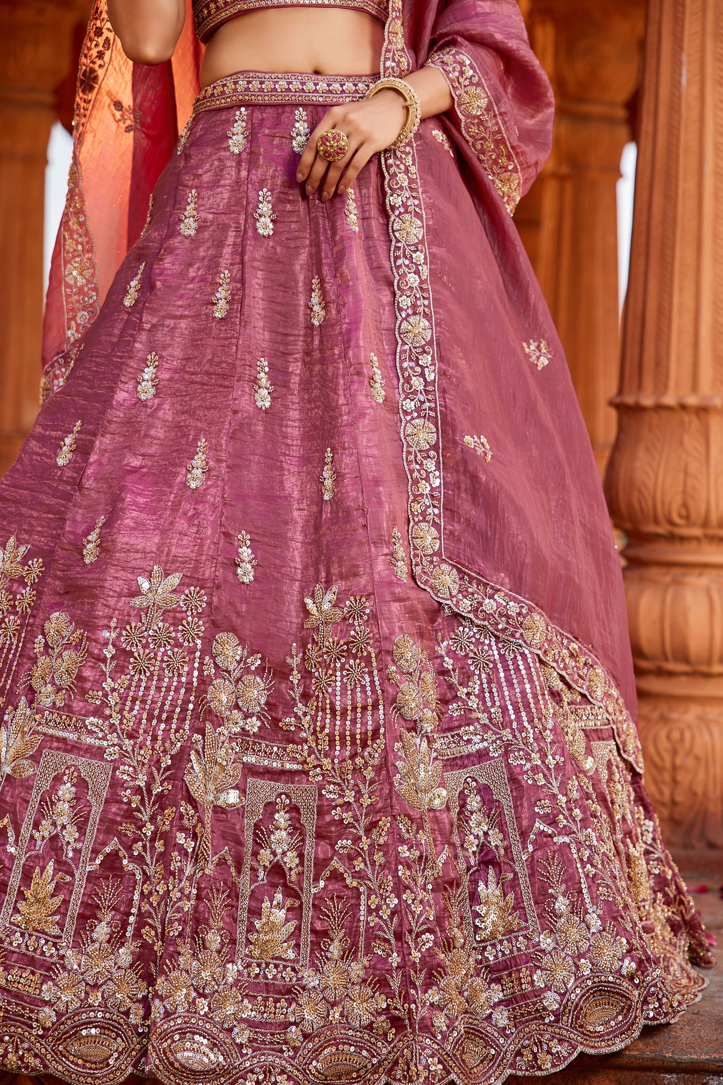 Pink Tissue Handwork cutdana embroidery Lehenga choli & Dupatta