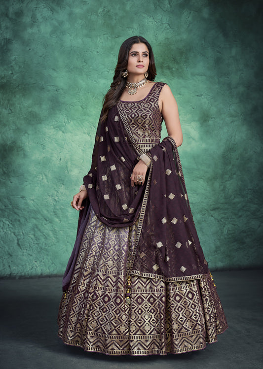 Wine Resham Embroidery Faux Georgette Gown for Sangeet