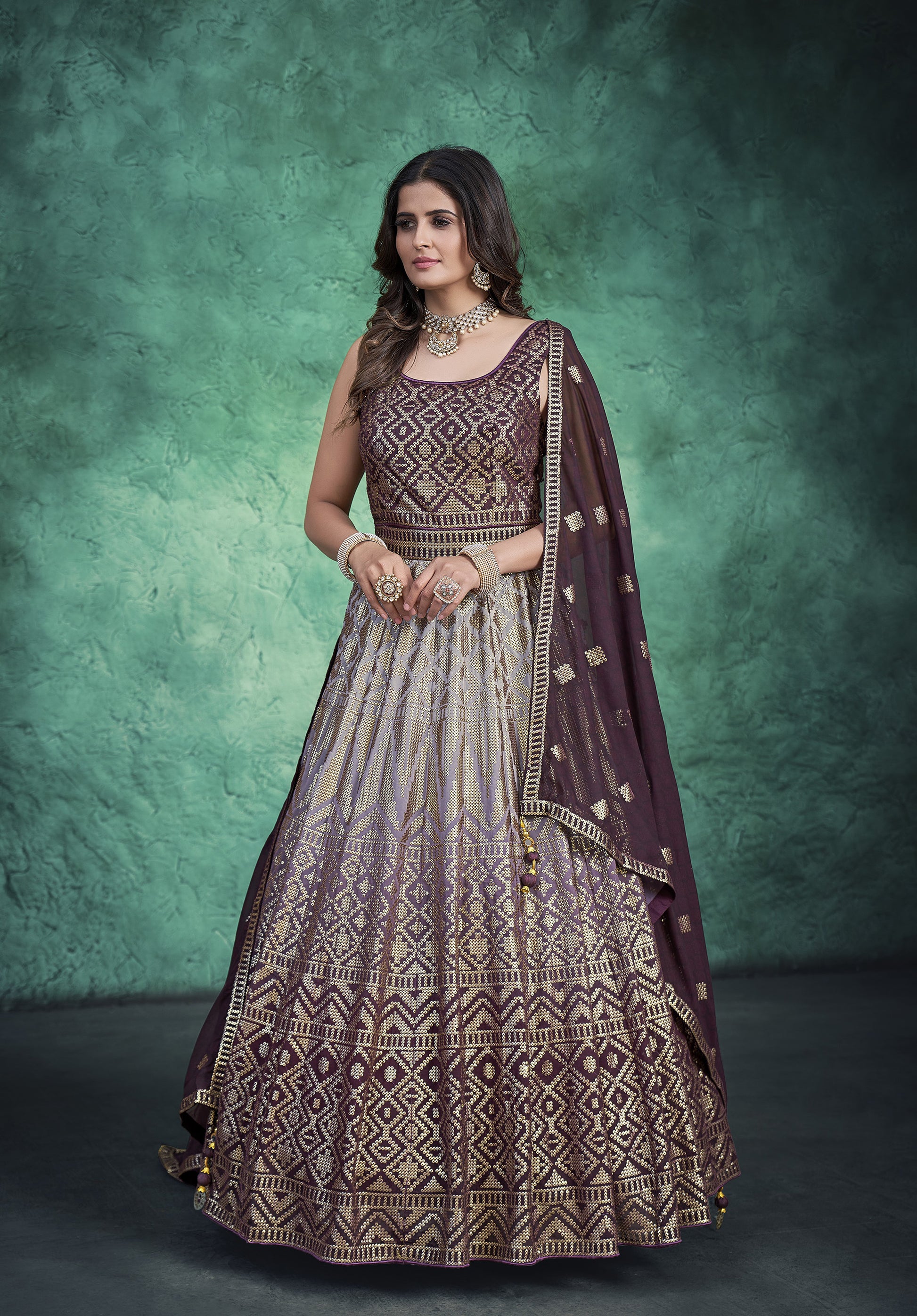 Wine Resham Embroidery Faux Georgette Gown for Sangeet
